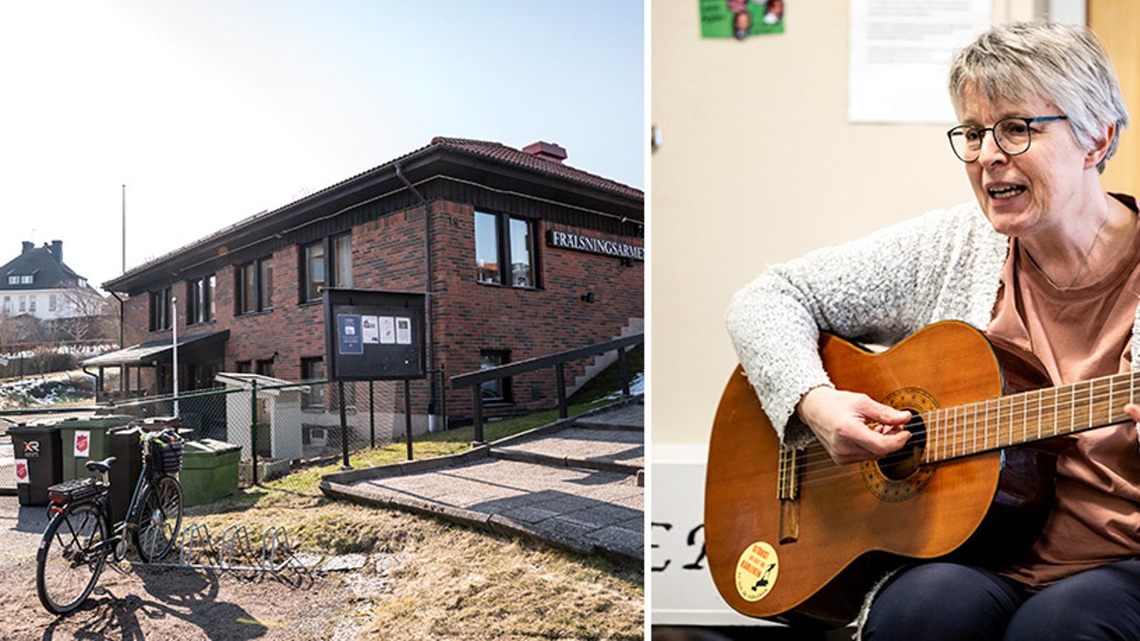 Till vänster: Förskolan Solstrålens fasad. Till höger: Förskolechefen Brittmarie Andersson som sitter och spelar gitarr.