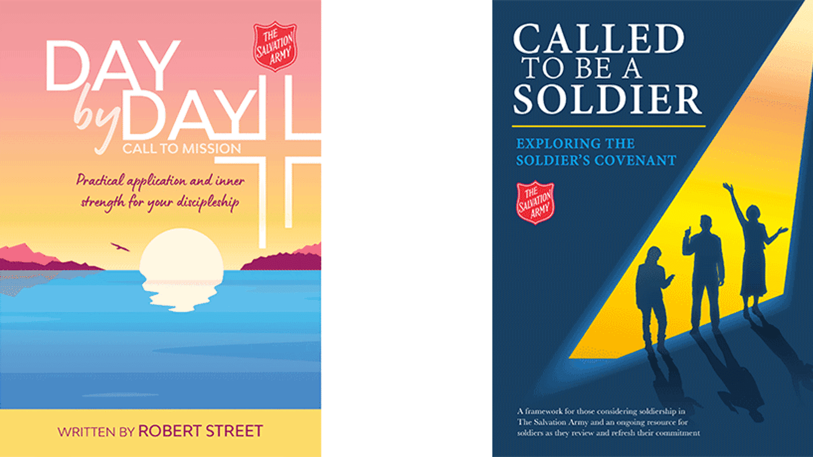 Två omslag av två böcker med Frälsningsarméns sköld. På boken till vänster står det "Day by Day. Call to mission" och omslaget illustrerar en solnedgång vi havet. På boken till höger står det "Called to be a soldier" och omslaget illustrerar tre personer.