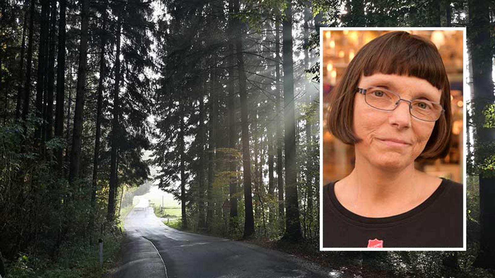 Till vänster: En asfalterad väg med träd runtom. Till höger om vägen kikar solstrålar fram genom träden. Till höger: Porträttbild av Chatarina Haglund.