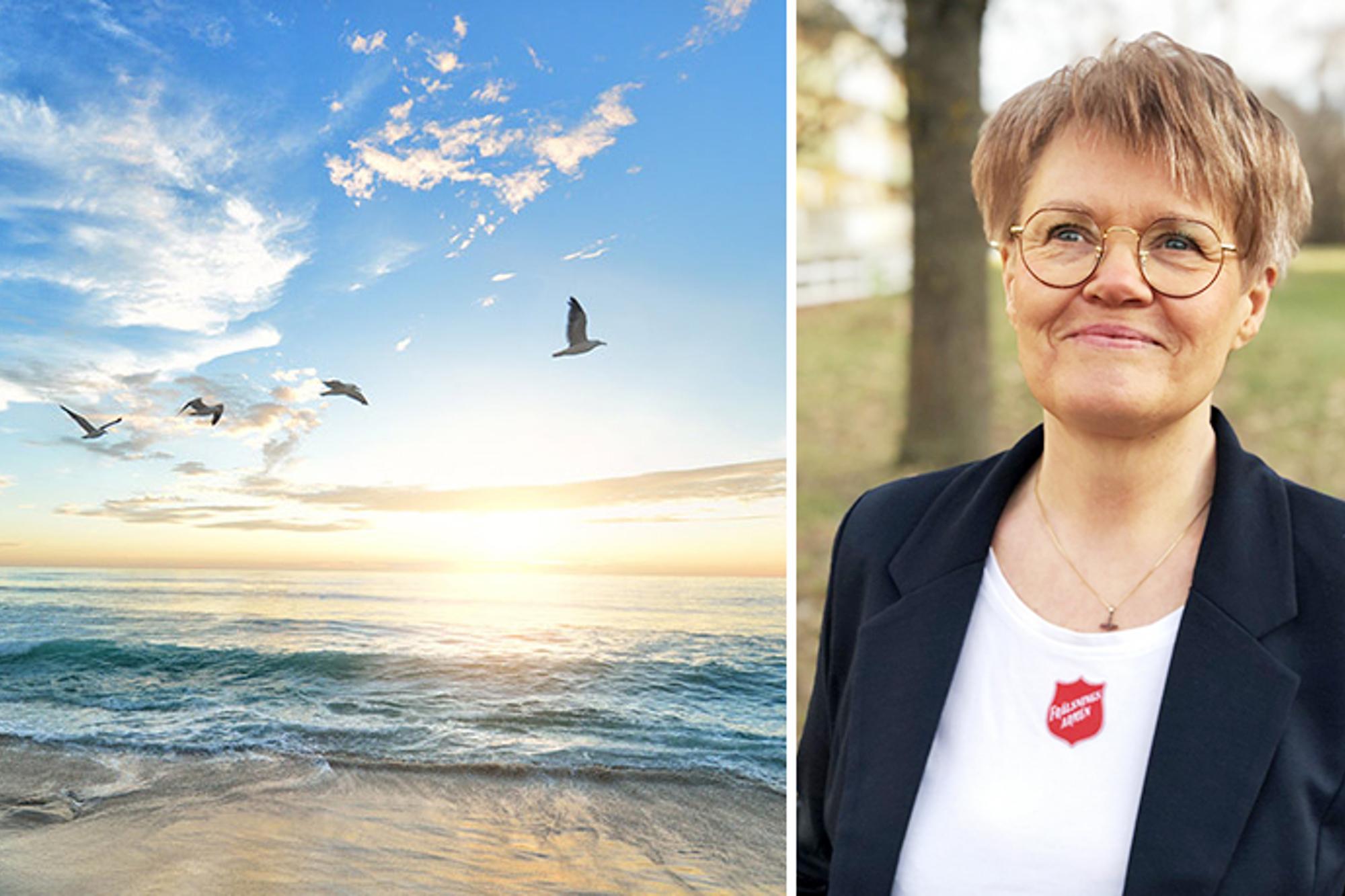 Till vänster: En sandstrand med några fåglar som flyger ovanför havet. Till höger: Porträttbild av Rosie Granrot.