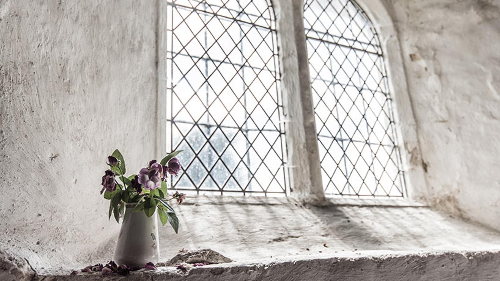 En vas med lila blommor. Vasen står vid en vägg av sten med fönster som släpper in ljuset.