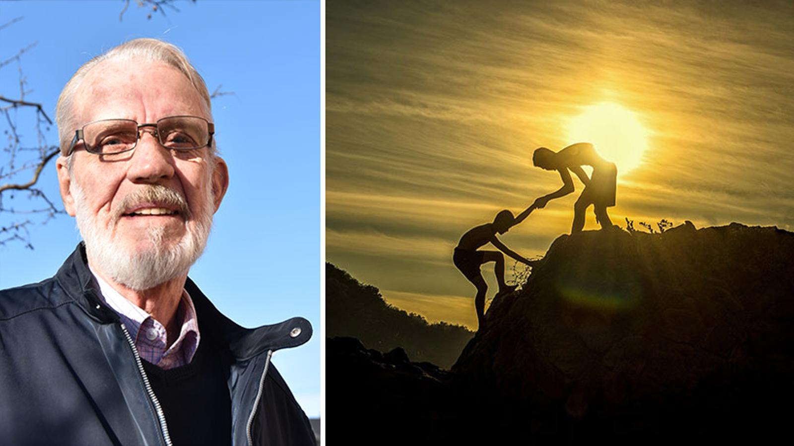Till vänster: Porträttbild av Jerker Lindén. Till höger: En person som får hjälp upp för ett berg av en annan person, och med en solnedgång i bakgrunden.