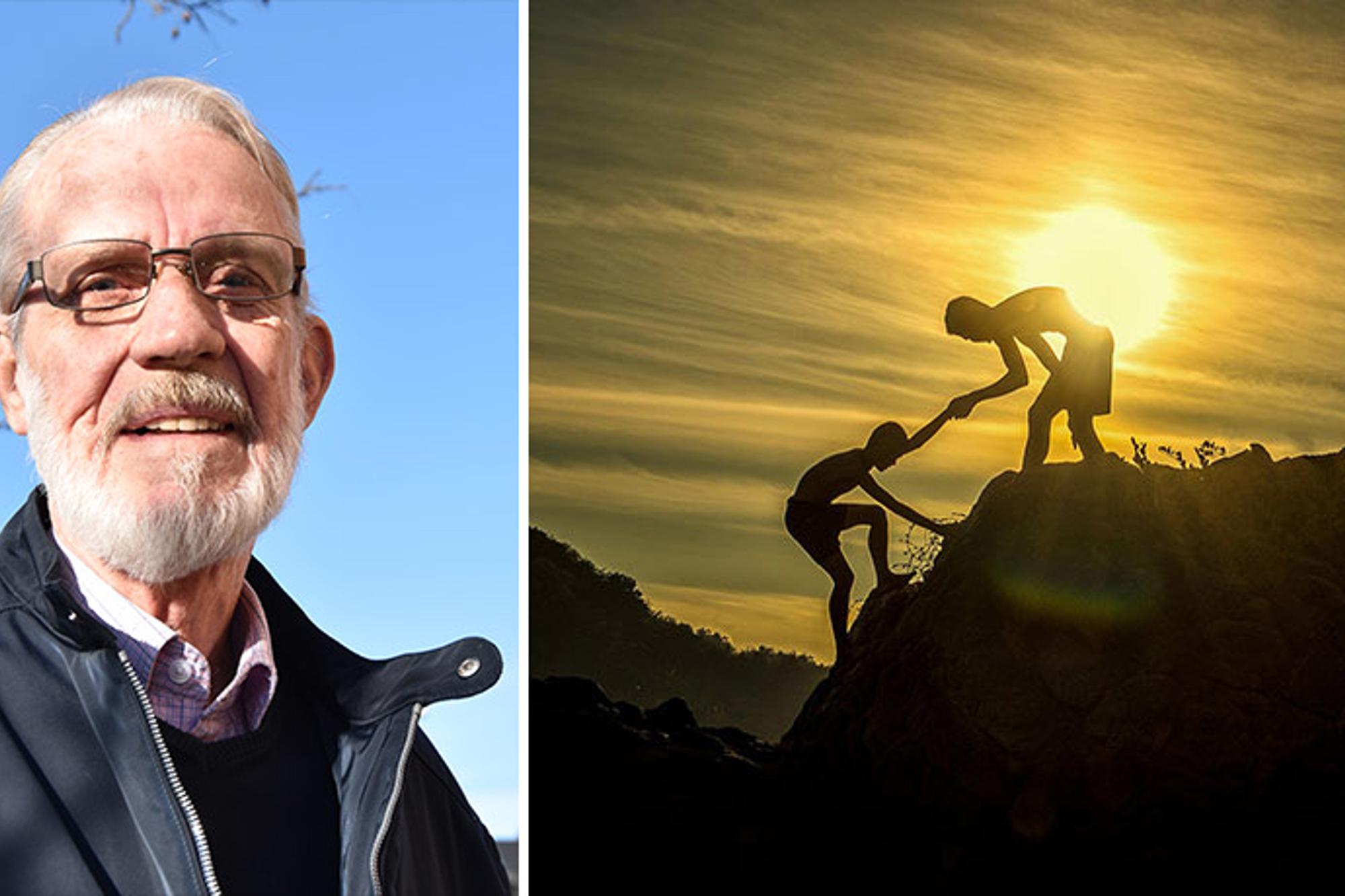 Till vänster: Porträttbild av Jerker Lindén. Till höger: En person som får hjälp upp för ett berg av en annan person, och med en solnedgång i bakgrunden.