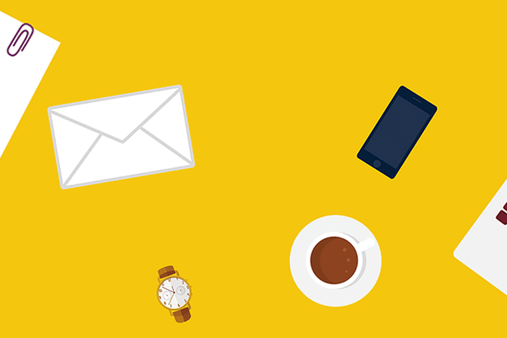 En bild med en portfölj, papper, penna, en klocka, en kaffemugg, ett brev, en mobiltelefon och en dator.
