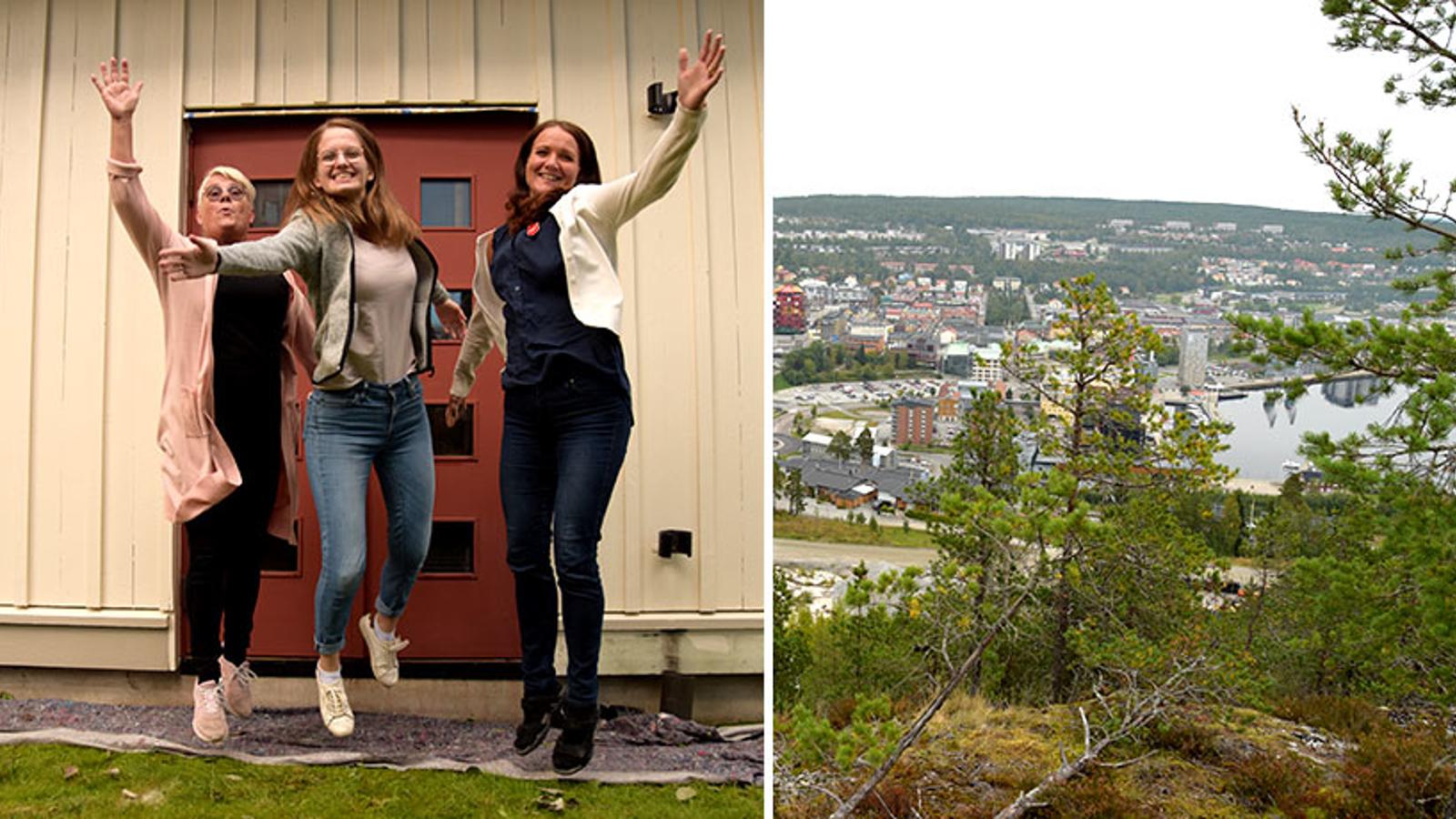 Till vänster: Anita Allandotter, Evangelina Bergh och Carina Lindgren från Frälsningsarmén Örnsköldsvik. De hoppar glatt upp i luften och tittar in i kameran. Till höger: Bild på Örnsköldsvik. På bilden syns olika bostadshus som ligger vid vattnet.