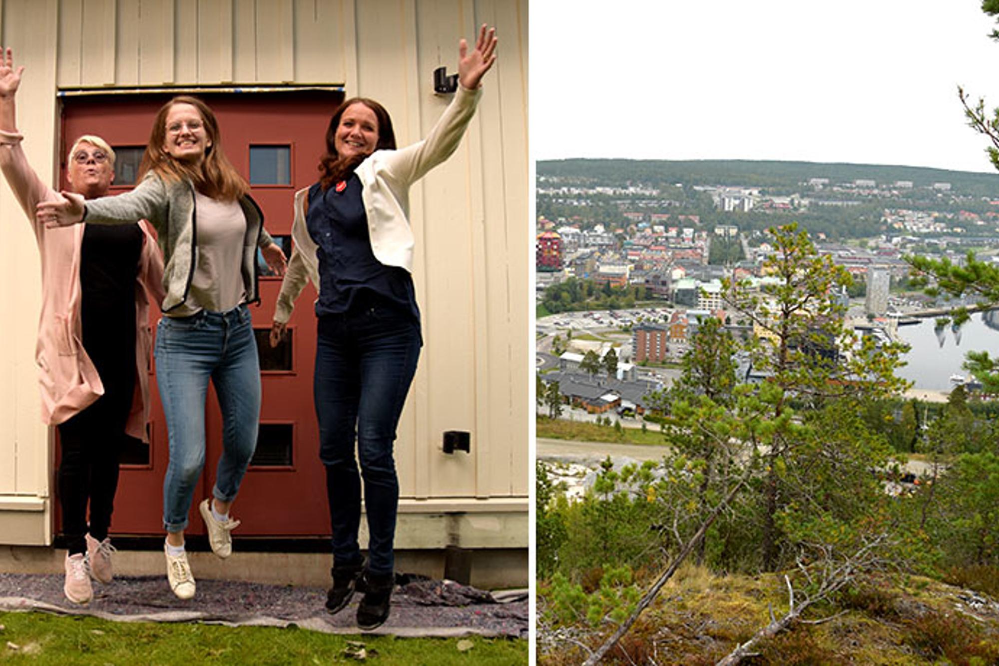 Till vänster: Anita Allandotter, Evangelina Bergh och Carina Lindgren från Frälsningsarmén Örnsköldsvik. De hoppar glatt upp i luften och tittar in i kameran. Till höger: Bild på Örnsköldsvik. På bilden syns olika bostadshus som ligger vid vattnet.