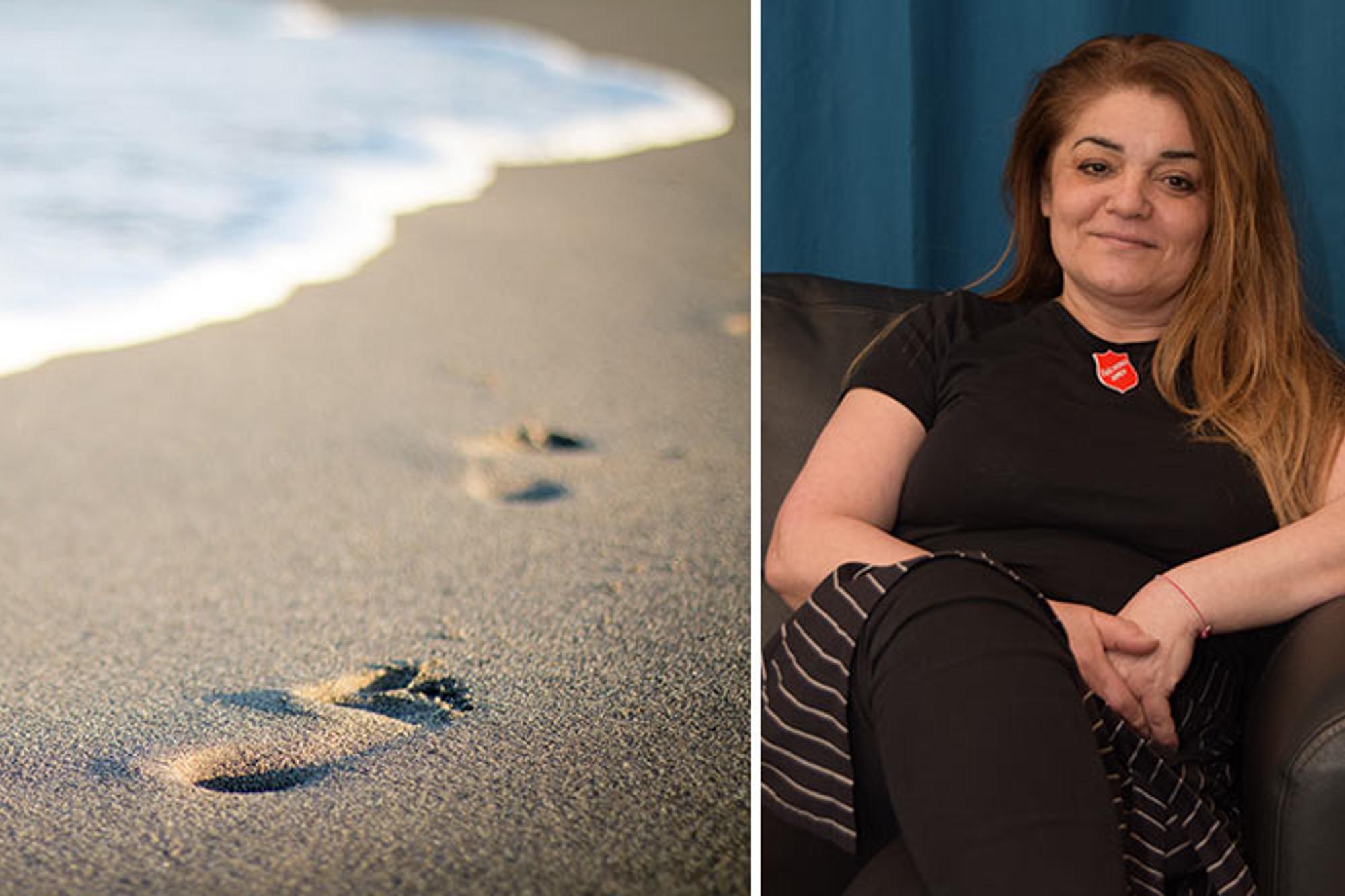 Till vänster: Ett fotspår i sanden vid havet. Till höger: Porträttbild av Günsen Cezmil som sitter i en soffa och ler mot kameran.