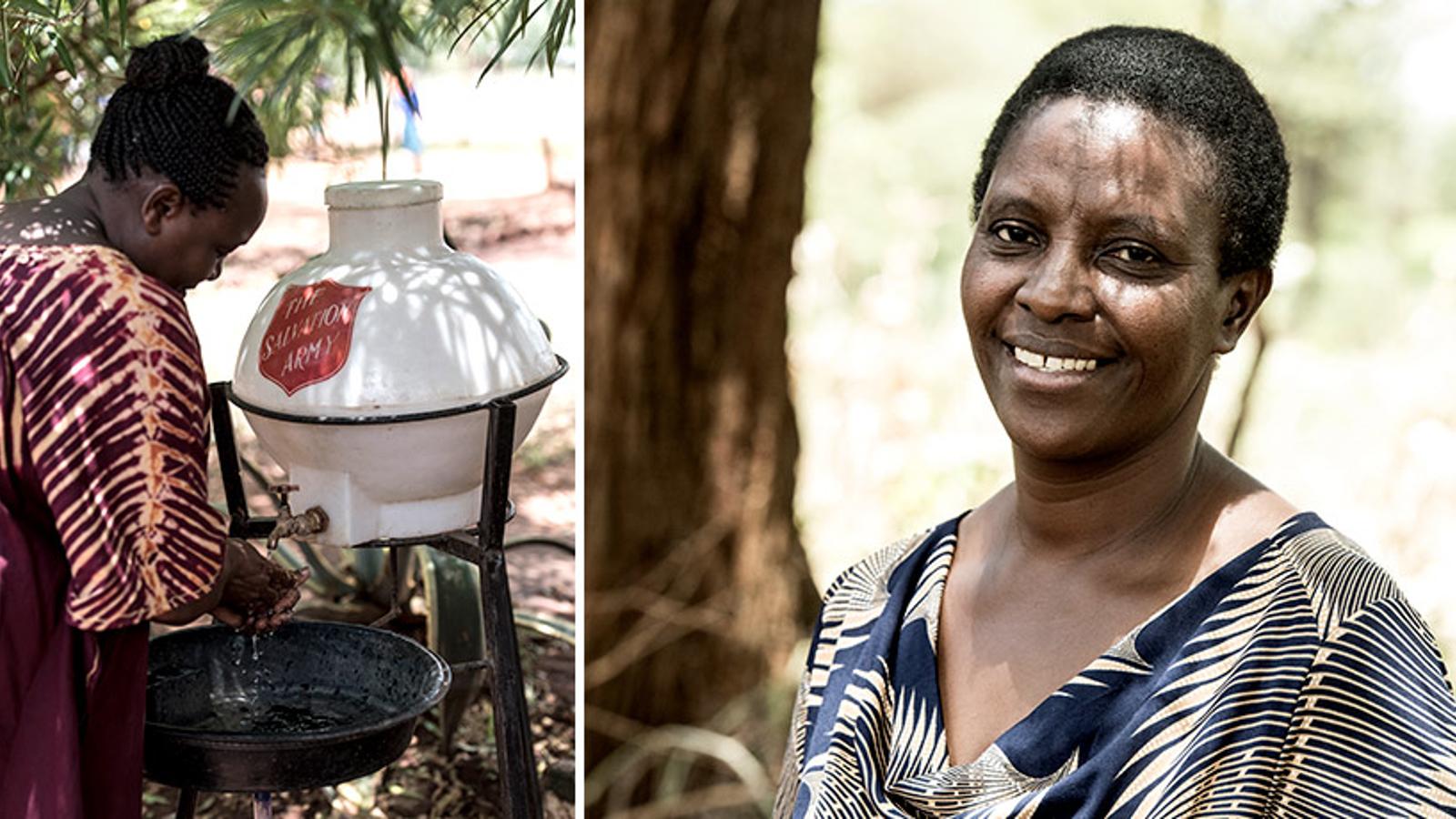Till vänster: Ryggtavlan på en kvinna som tvättar händerna från en vattentank med Frälsningsarméns sköld på. Till höger: Porträttbild av Margreth Musumbi som är ansvarig för Frälsningsarméns vattenprojekt i en av Kenyas södra regioner.