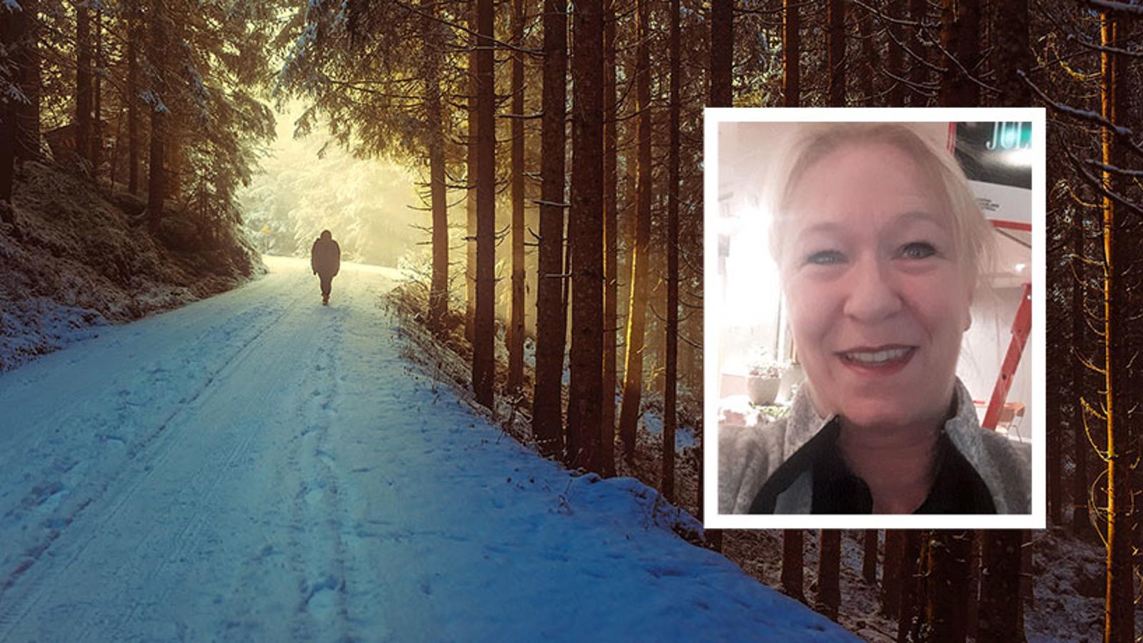 Till vänster: Ryggtavlan på en person som är ute och går på en snötäckt stig i skogen. Till höger: Lisbeth Östling