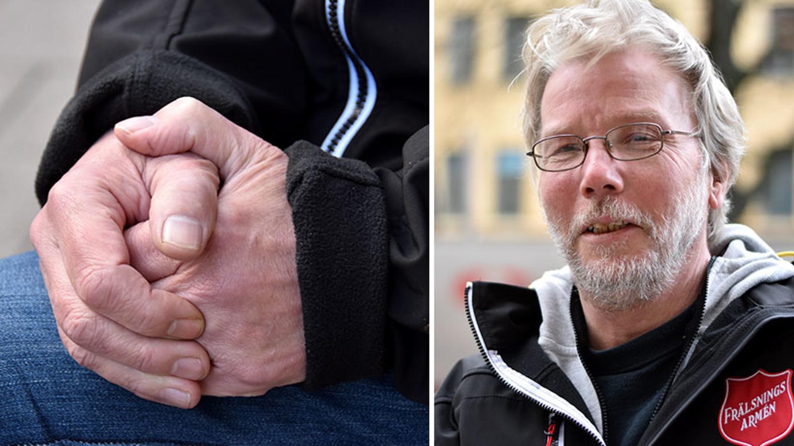 Till vänster: Knäppta händer. Till höger: Porträttbild av Göran Larsson.