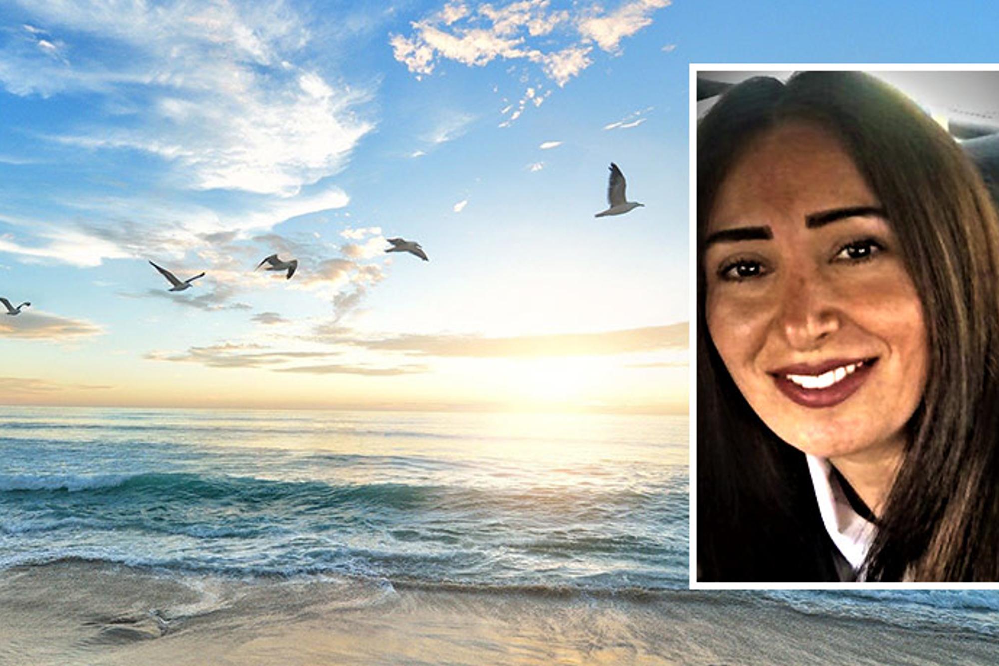 Till vänster: En sandstrand med några fåglar som flyger ovanför havet. Till höger: Porträttbild av Katherine Tepsi.