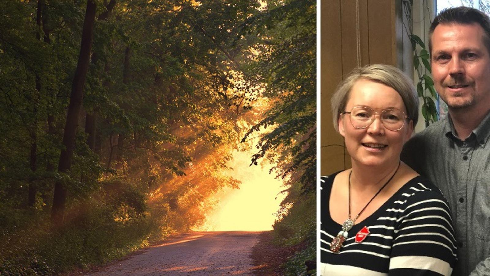 Till vänster: En grusväg med solstrålar som kikar fram genom några träd. Till höger: Porträttbild av Marjo Maikkunen och hennes make Pasi.