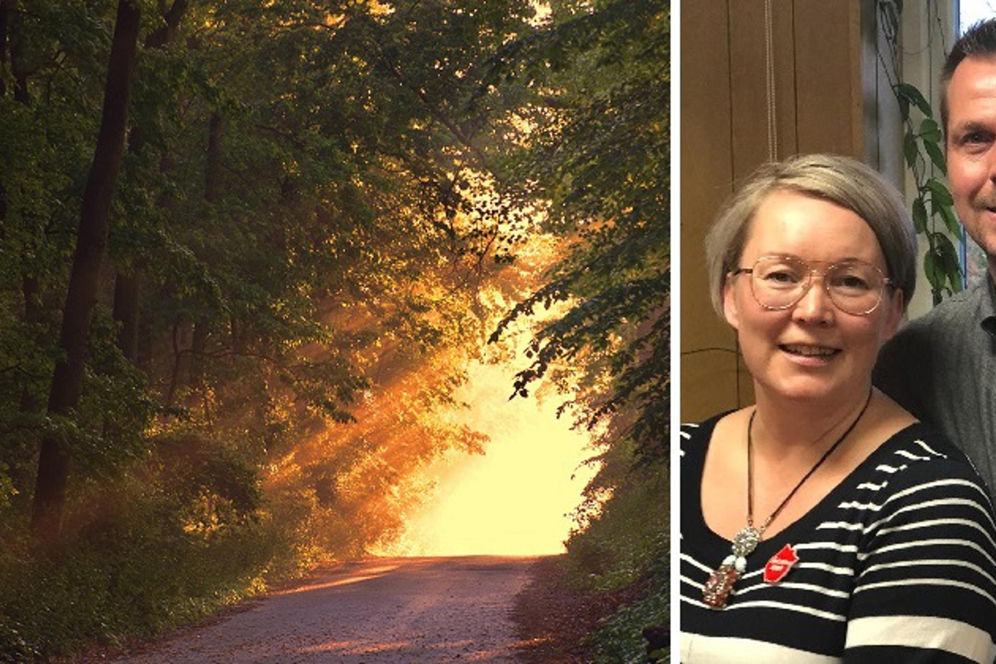 Till vänster: En grusväg med solstrålar som kikar fram genom några träd. Till höger: Porträttbild av Marjo Maikkunen och hennes make Pasi.