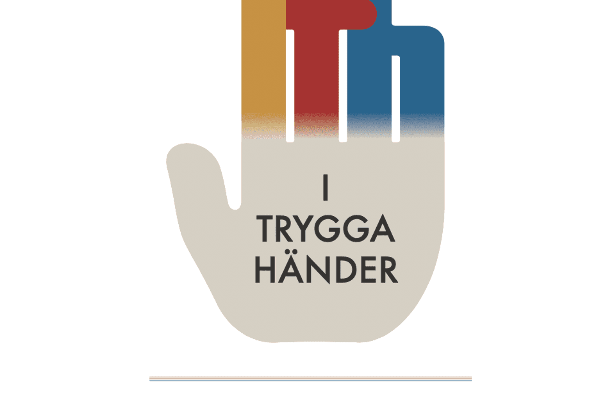 I Trygga Händers logotyp. Loggan är i form av en hand, med texten "I Trygga Händer" på handflatan. Längst ned står det "Etisk vägledning för arbete bland barn och unga".