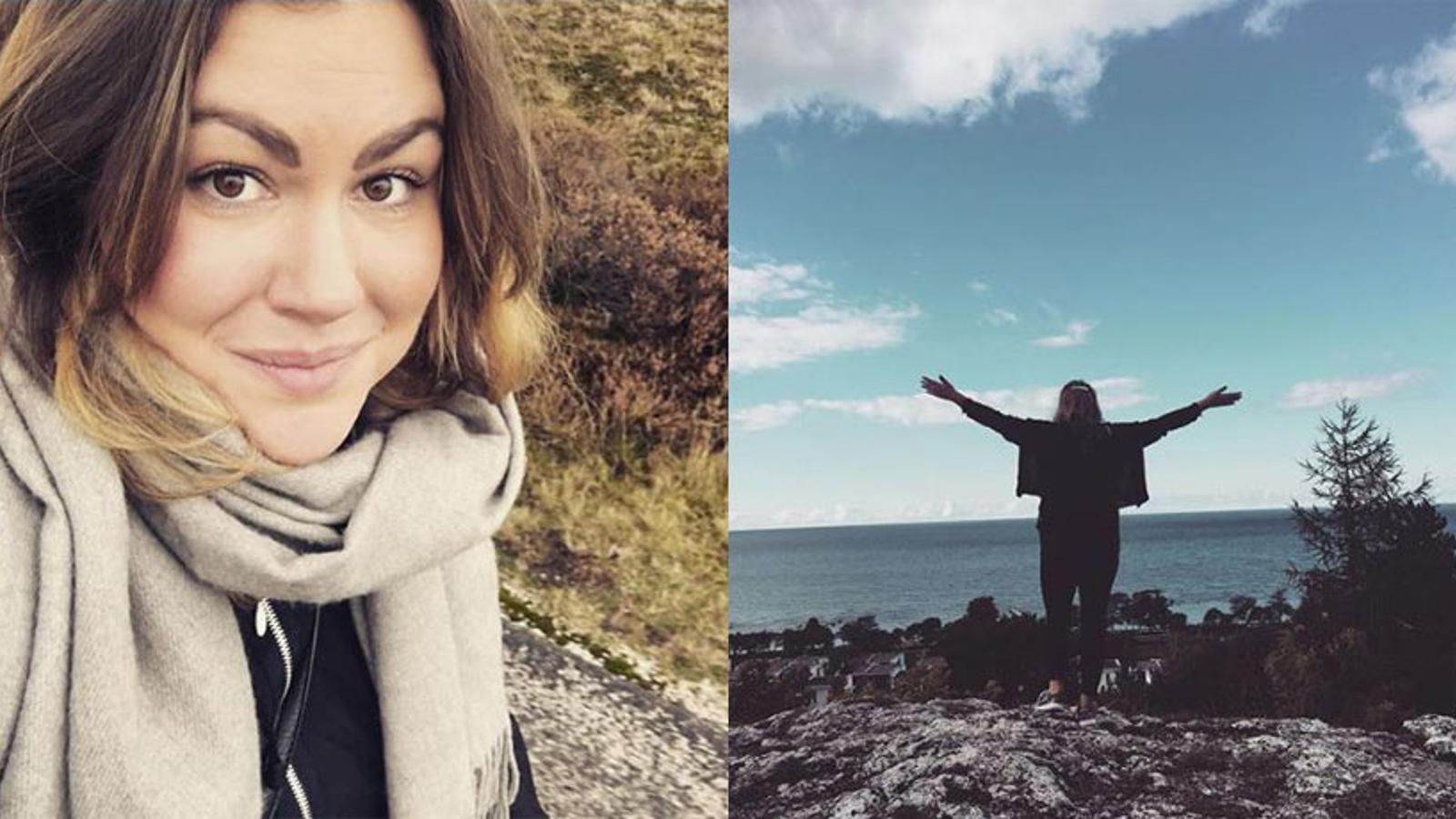 Till vänster: Hanna Smedjegård. Till höger: Ryggtavlan på Hanna som står uppe på ett berg vänd mot havet. Hon sträcker båda armarna upp i luften.