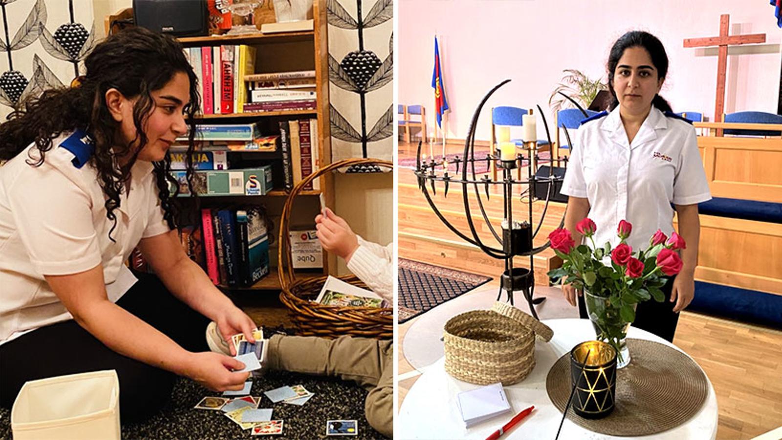 Till vänster: Setareh som sitter och spelar kort med ett barn. Till höger: Setareh på kåren i Göteborg. Framför henne står ett bord med en vas med blommor, ett tänt ljus, papper och penna. Bakom henne står det stolar och ett kors står lutat mot väggen.