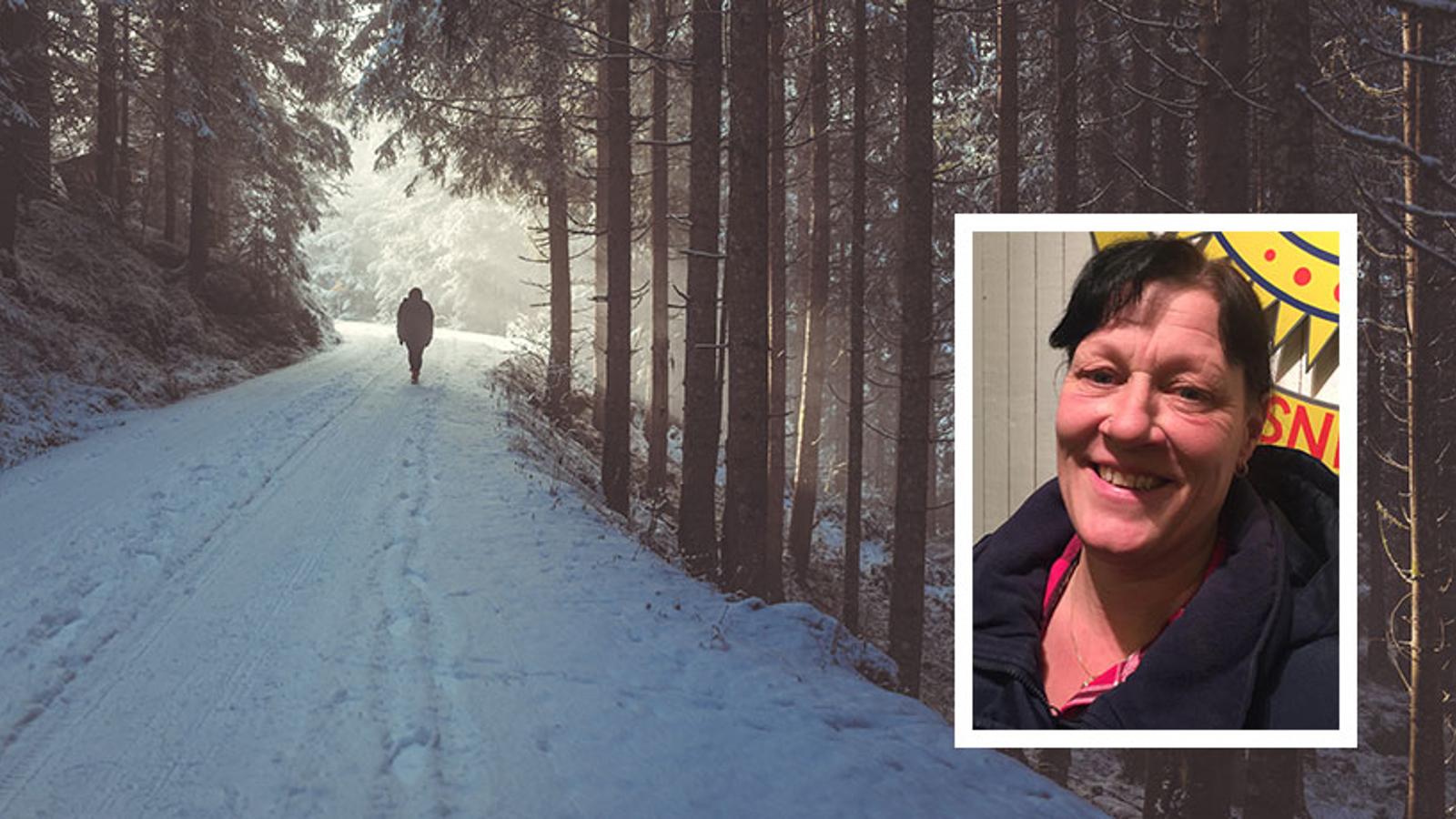 Till vänster: Ryggtavlan på en person som är ute och går på en snötäckt stig i skogen. Till höger: Ann Sahlström.