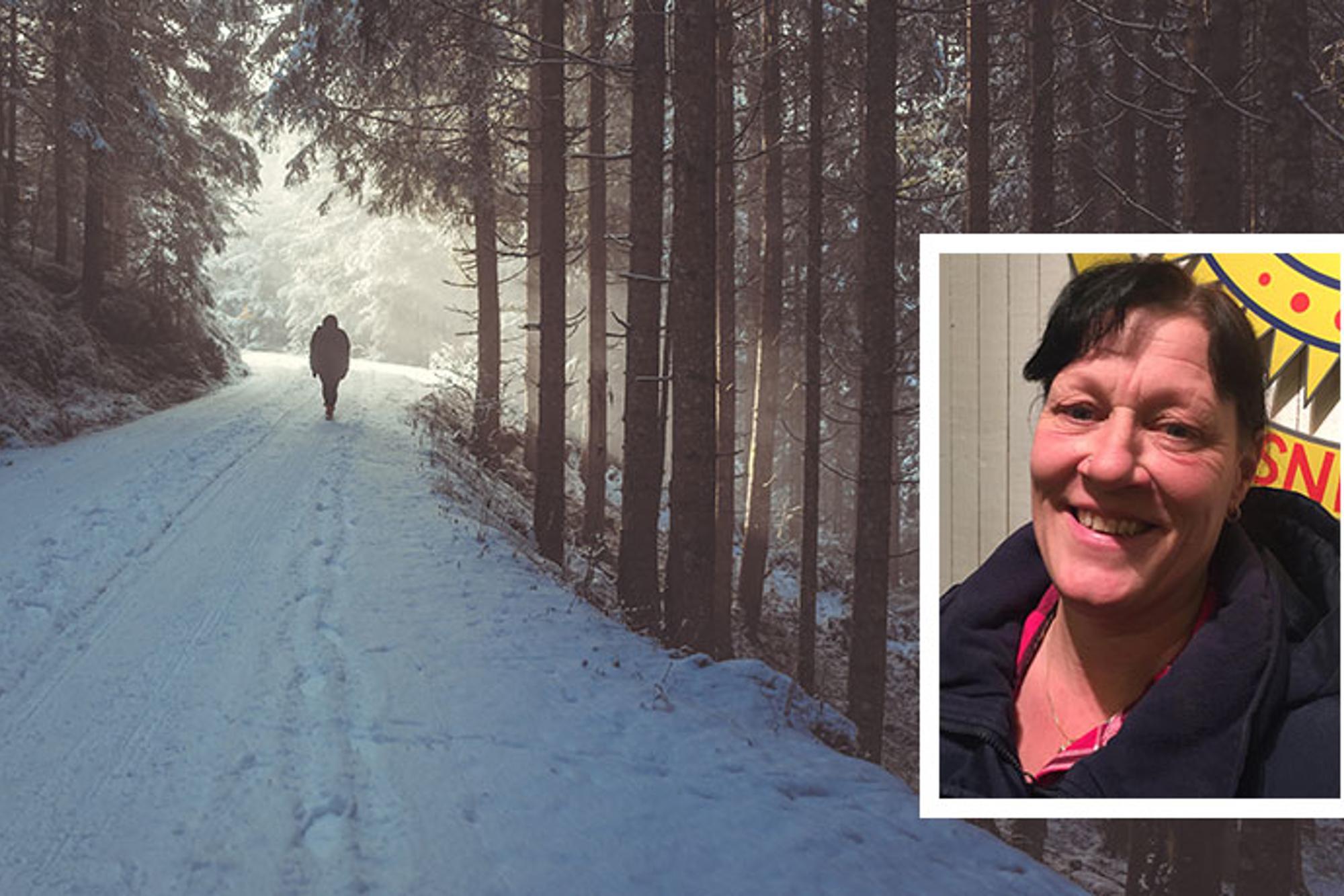 Till vänster: Ryggtavlan på en person som är ute och går på en snötäckt stig i skogen. Till höger: Ann Sahlström.