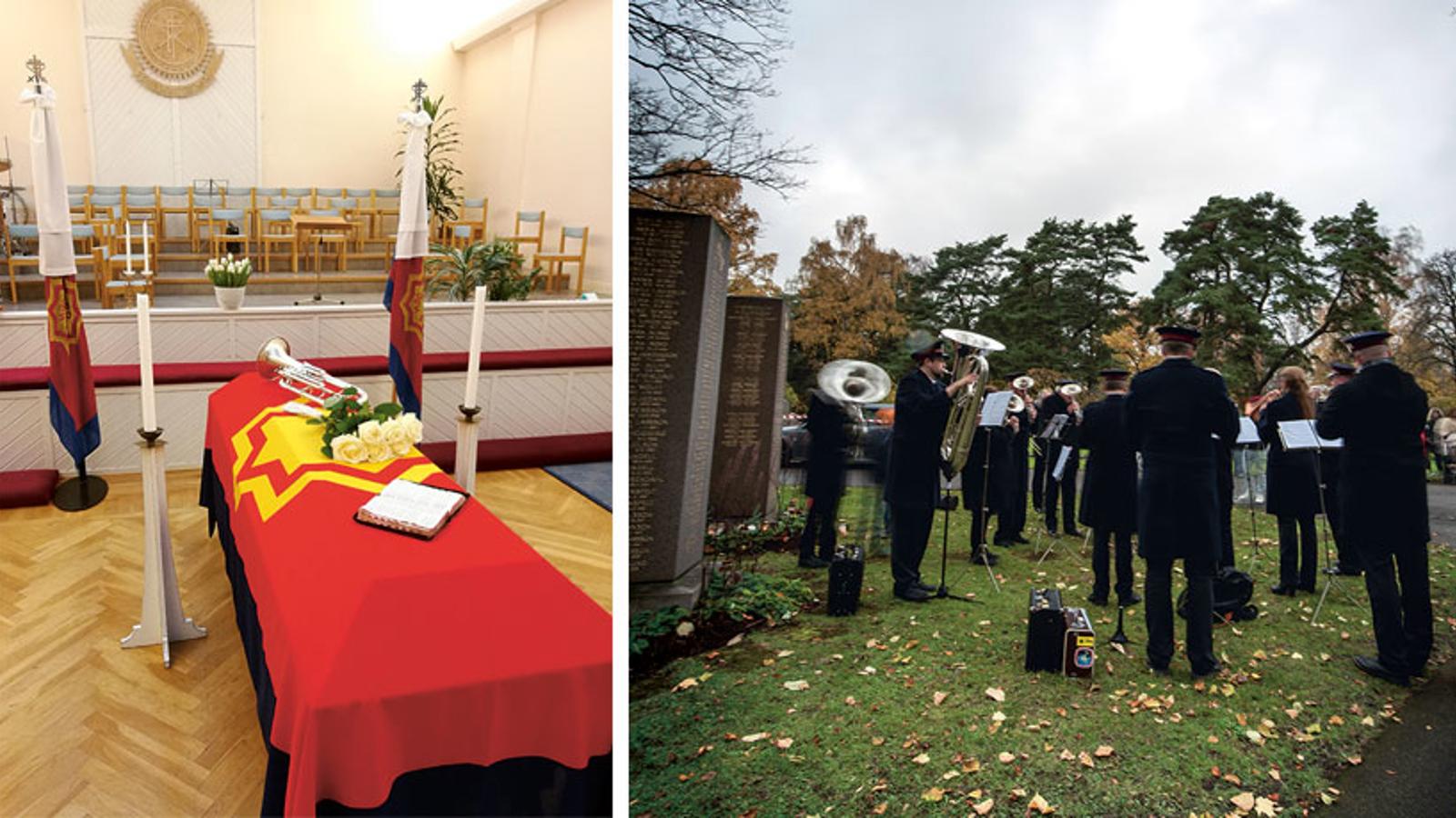 Till vänster: Sten-Erics kista. På kistan ligger Frälsningsarméns flagga, en trumpet och en bukett vita rosor. Till höger: Gudstjänst på allhelgonadagen vid Frälsningsarméns officersgravar i Stockholm. 