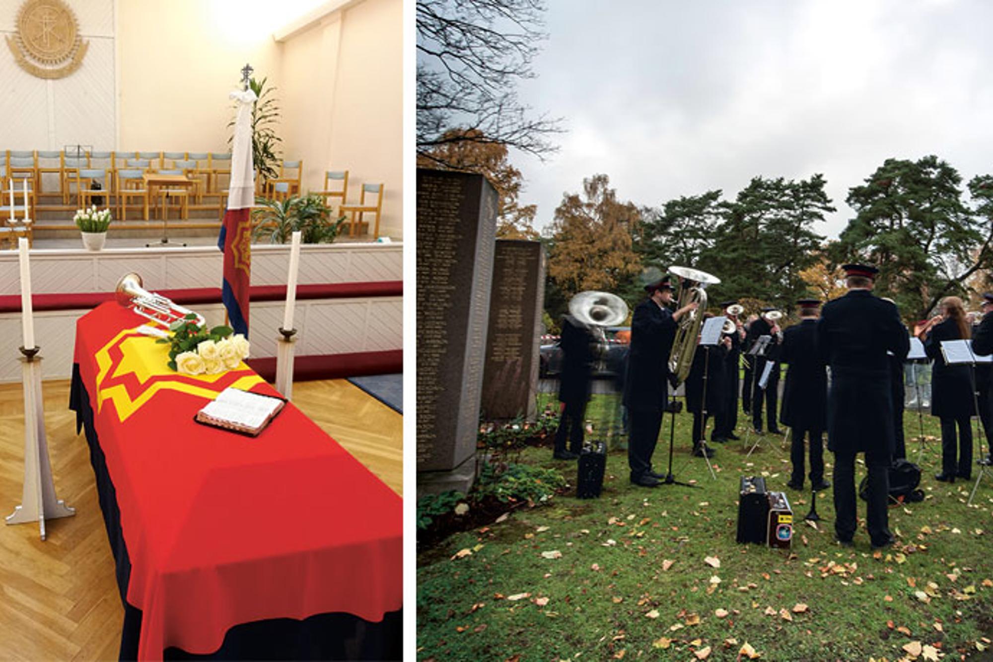 Till vänster: Sten-Erics kista. På kistan ligger Frälsningsarméns flagga, en trumpet och en bukett vita rosor. Till höger: Gudstjänst på allhelgonadagen vid Frälsningsarméns officersgravar i Stockholm. 