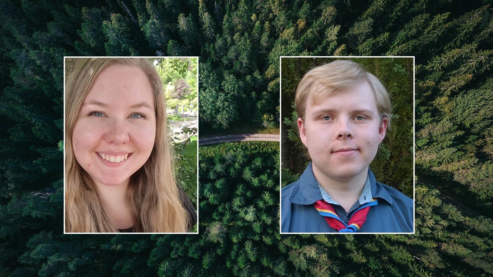Hanna och Erik som är medlemmar i Frälsningsarméns ungdomsråd. Bakgrunden består av en bild som är tagen uppe i luten ned på en skog.