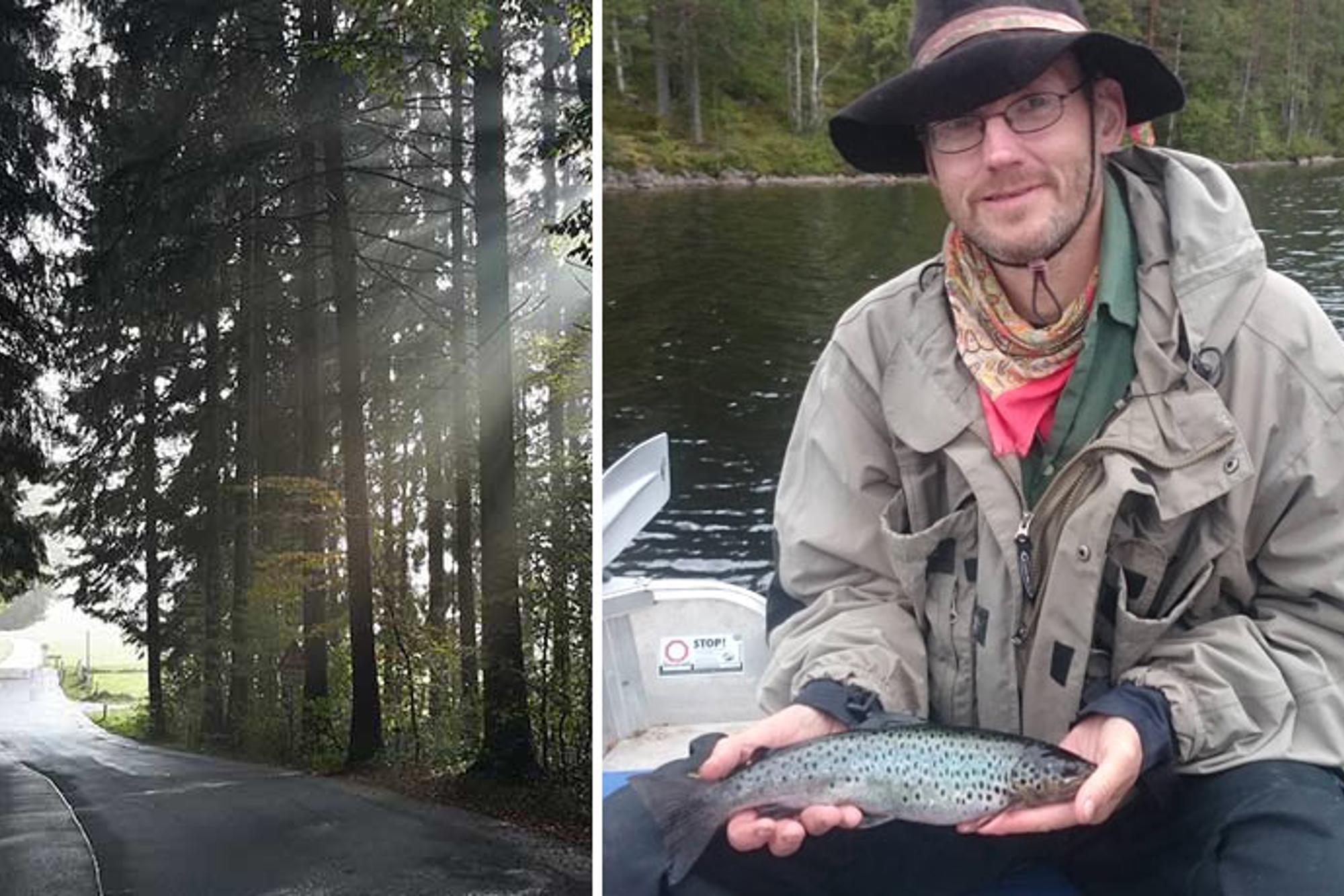 Till vänster: En asfalterad väg med träd runtom. Till höger om vägen kikar solstrålar fram genom träden. Till höger: Michael Gräll som sitter i en båt och håller upp en fisk. Han tittar in i kameran och ler.