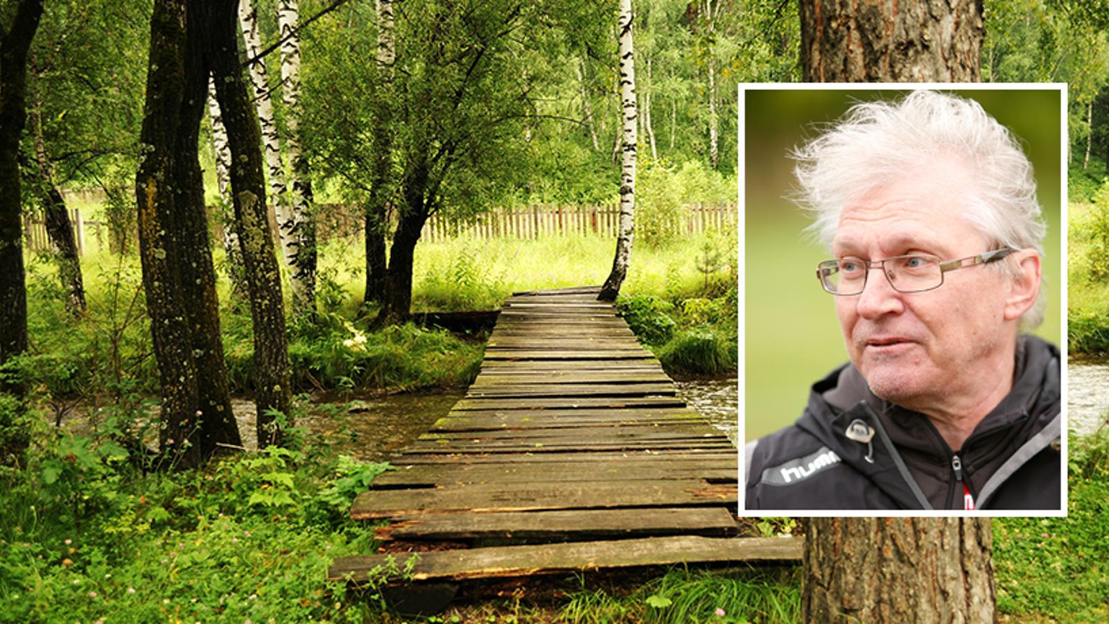 Till vänster: En liten bro av trä, och nedanför rinner det vatten från en liten å. Till höger: Porträttbild av Tapio Kinnunen. Han tittar till vänster om kameran.