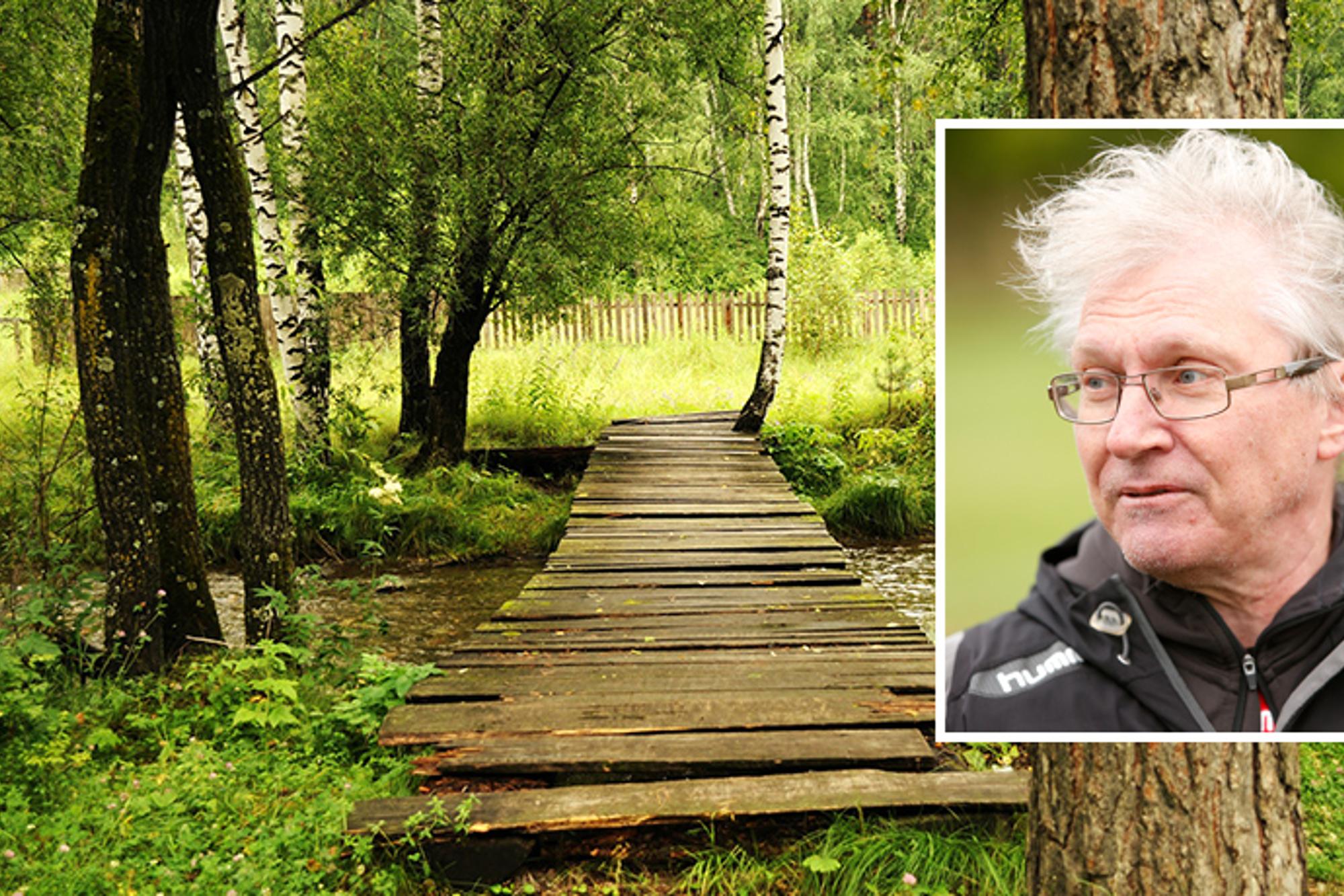 Till vänster: En liten bro av trä, och nedanför rinner det vatten från en liten å. Till höger: Porträttbild av Tapio Kinnunen. Han tittar till vänster om kameran.