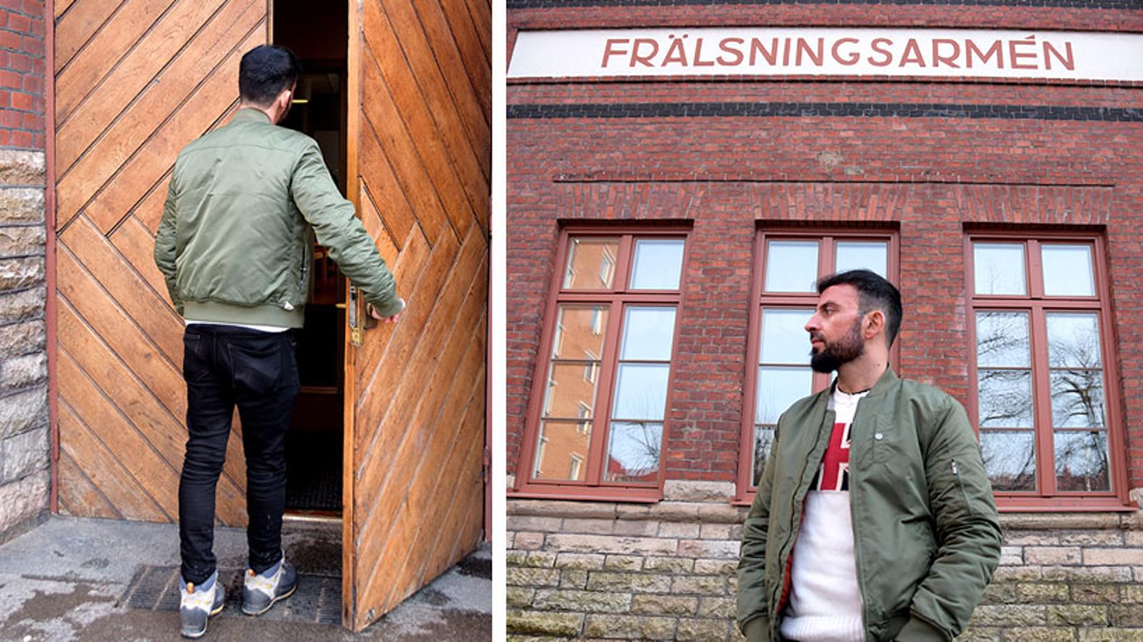 Till vänster: Ryggtavlan på Farid som öppnat en dörr. Till höger: Farid utanför Frälsningsarmén i Norrköping.