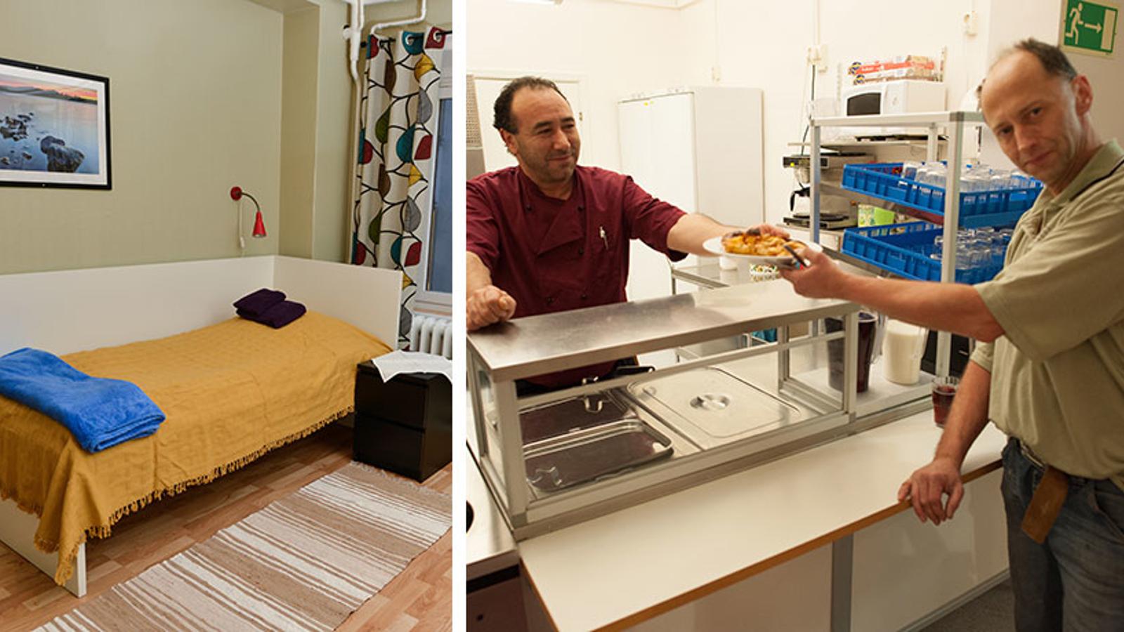 Till vänster: Ett rum med en säng. På väggen hänger det en tavla och på golvet ligger det en randig matta. Till höger: Personal på stödboendet Lilla Bommen i Göteborg som delar ut en tallrik med mat till en man.