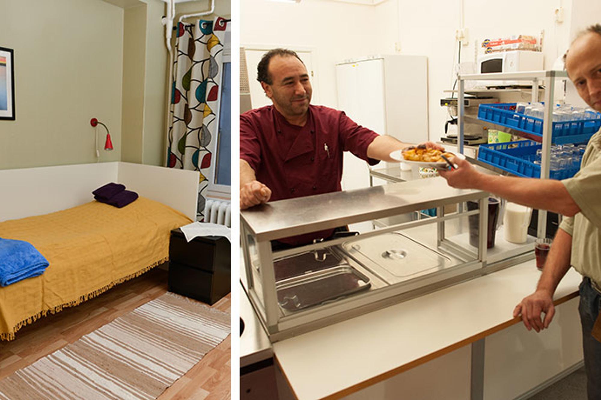 Till vänster: Ett rum med en säng. På väggen hänger det en tavla och på golvet ligger det en randig matta. Till höger: Personal på stödboendet Lilla Bommen i Göteborg som delar ut en tallrik med mat till en man.