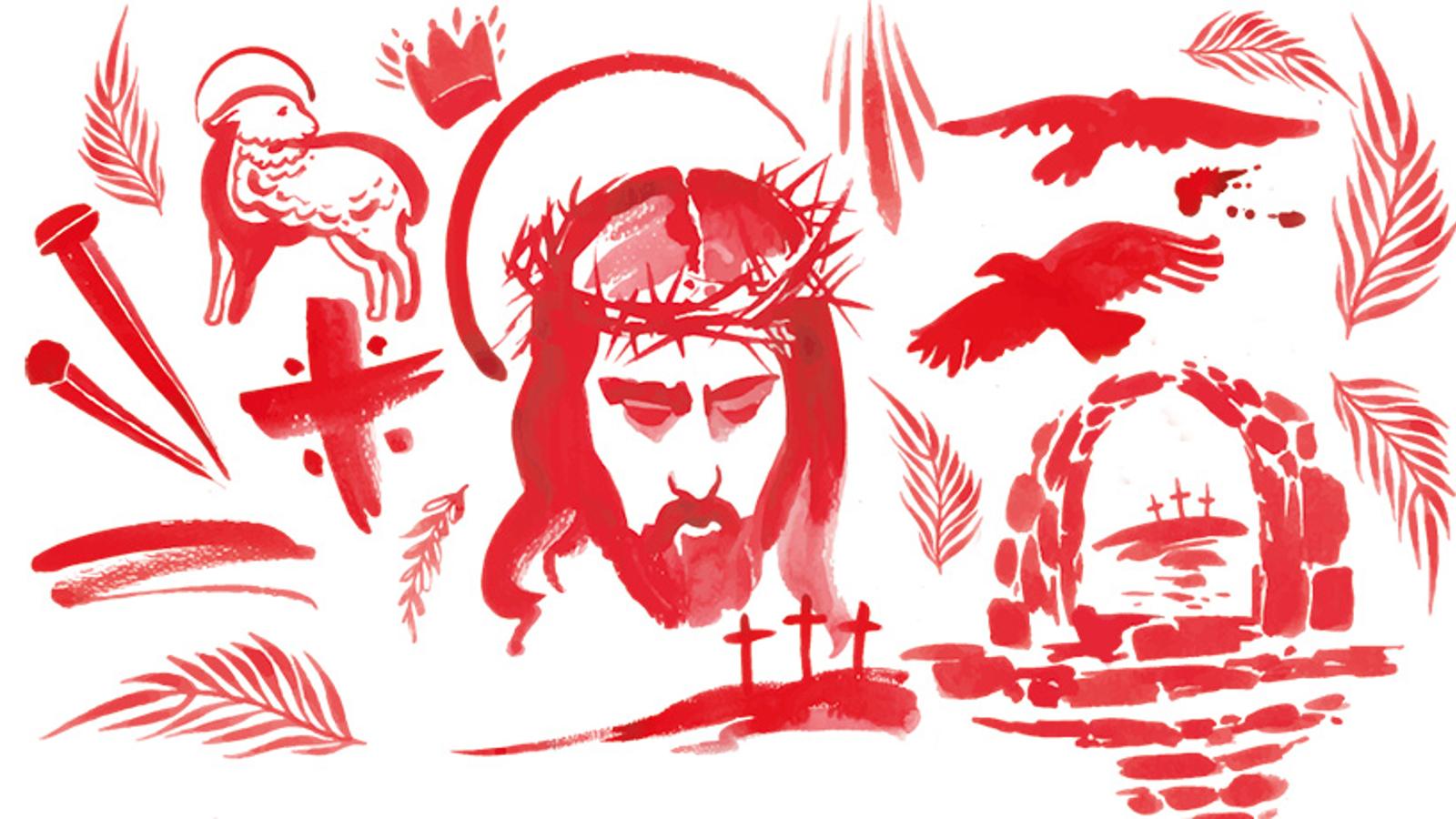 illustration i rött av Jesus med törnekronan