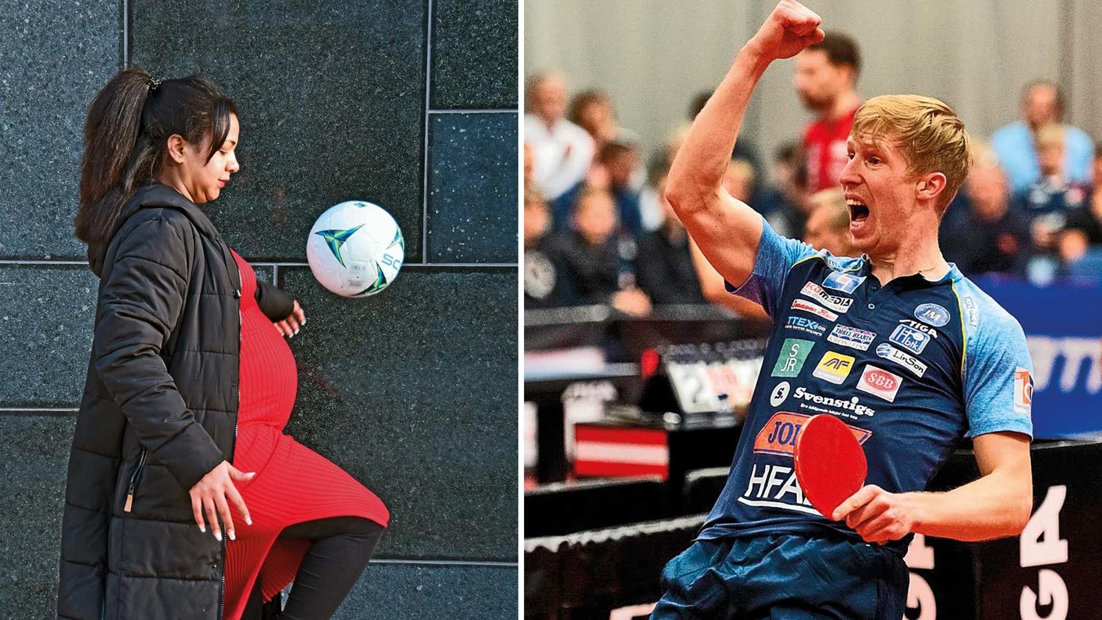 Yohana Teklay kickar med en fotboll. Simon Arvidsson har ett bordtennisracket i ena handen och höjer andra armen i en segergest.