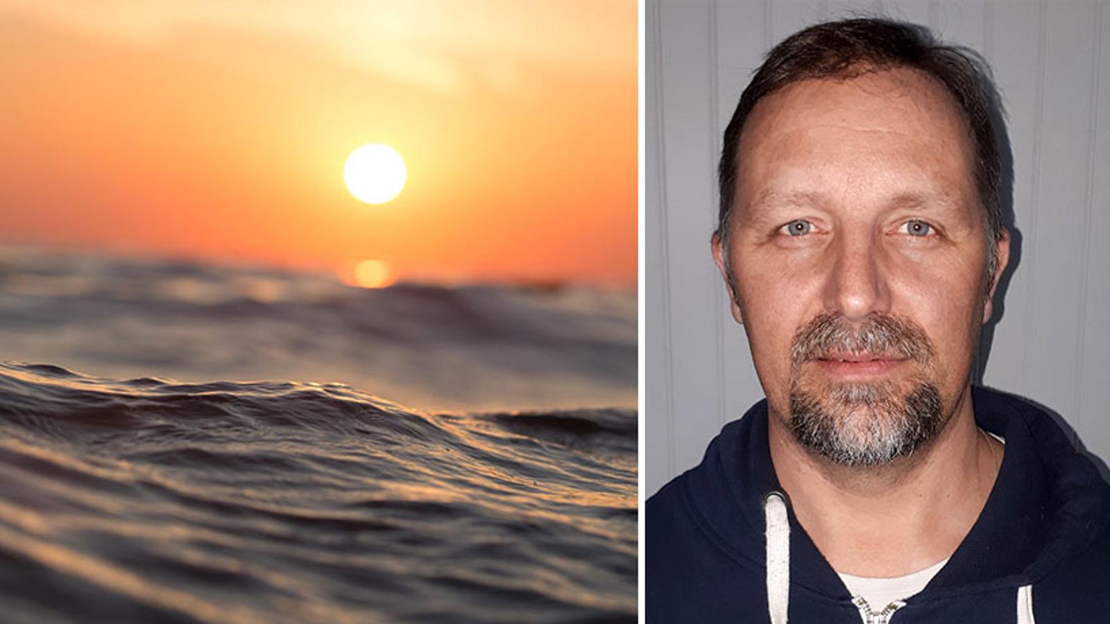 Till vänster: En våg på havet. I bakgrunden går solen ned. Till höger: Porträttbild av Robert Lindgren som ler mot kameran.