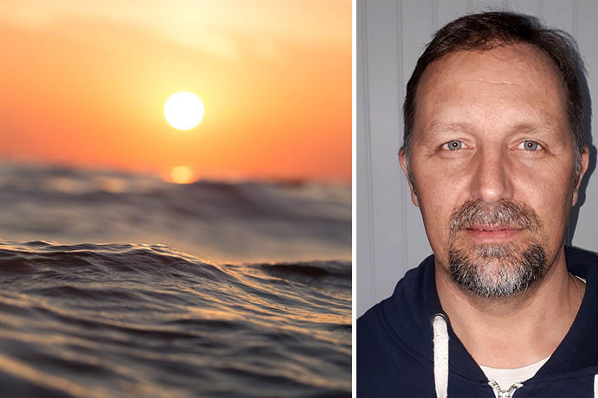 Till vänster: En våg på havet. I bakgrunden går solen ned. Till höger: Porträttbild av Robert Lindgren som ler mot kameran.