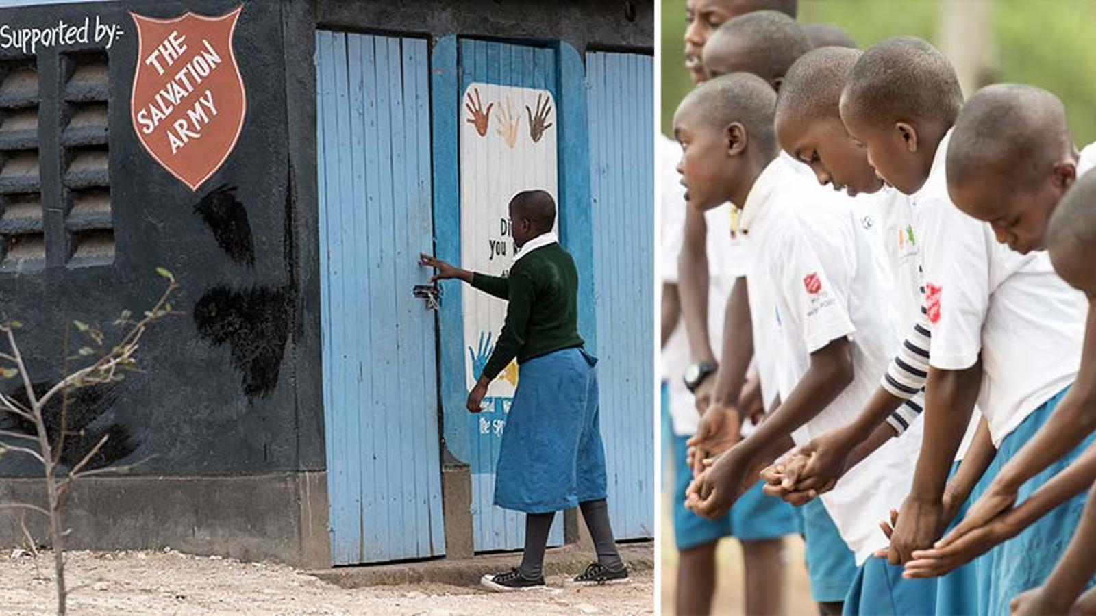 Till vänster: Ryggtavlan på en flicka i skoluniform som står vid dörren till en skola. På skolan står det "Supported by The Salvation Army. Till höger: Ett gäng pojkar i skoluniformer som tvättar sina händer.