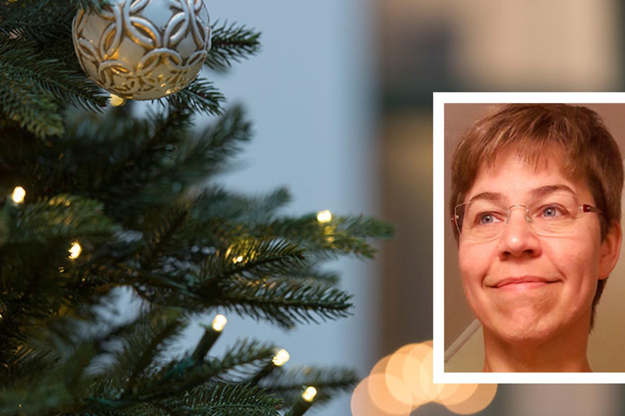 En mindre porträttbild av Ylva Pettersson som är kårledare för Frälsningsarmén i Sundsvall. Bakgrunden består av fokus på en julgranskula i en julgran.