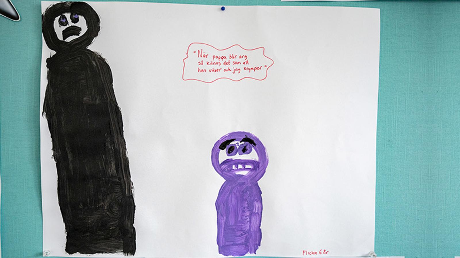 En 6-åring som målat två figurer i olika höjd. Den mindre figuren har texten "När pappa blir arg så känns det som att han växer och jag krymper" ovanför sig.