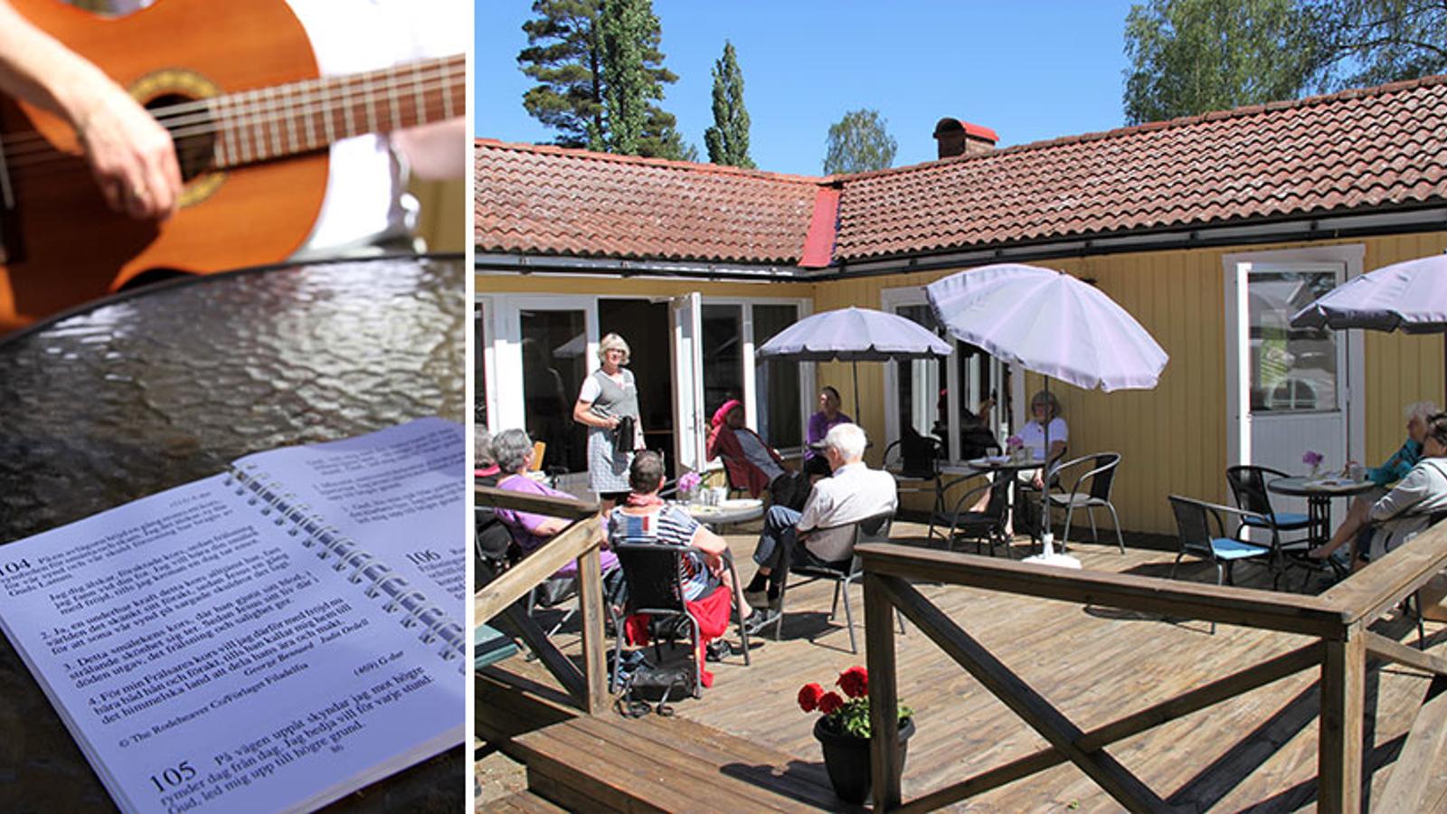 Till vänster: Ett sånghäfte. Till höger: Kafé vid sommarhemmet. Pensionärer sitter runt bord i solen och fikar.