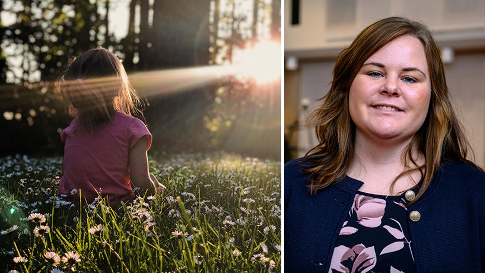 Till vänster: En flicka med ryggtavlan mot kameran. Hon sitter på en äng av blommor och tittar mot några solstrålar som kikar fram ur en skog. Till höger: Bild på Maria Olausson som är biträdande kårledare på Frälsningsarmén i Jönköping. Maria ler mot kameran.