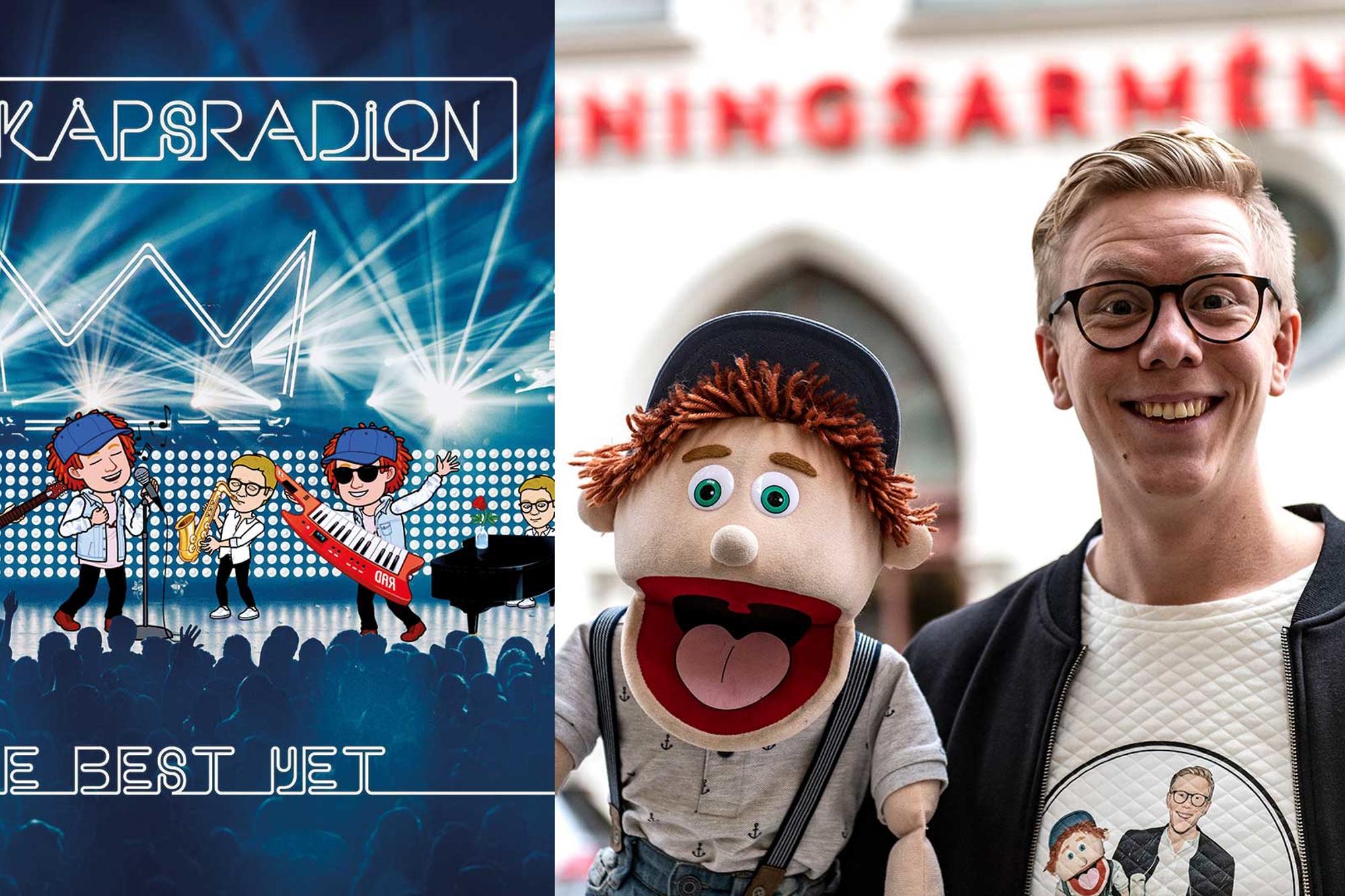 Till höger cover på cd-skiva från Kylskåpsradion, till vänster en leende Gabriel Wahl med dockan Åsskar framför en byggnad där det står Frälsningsarmén på en skylt.