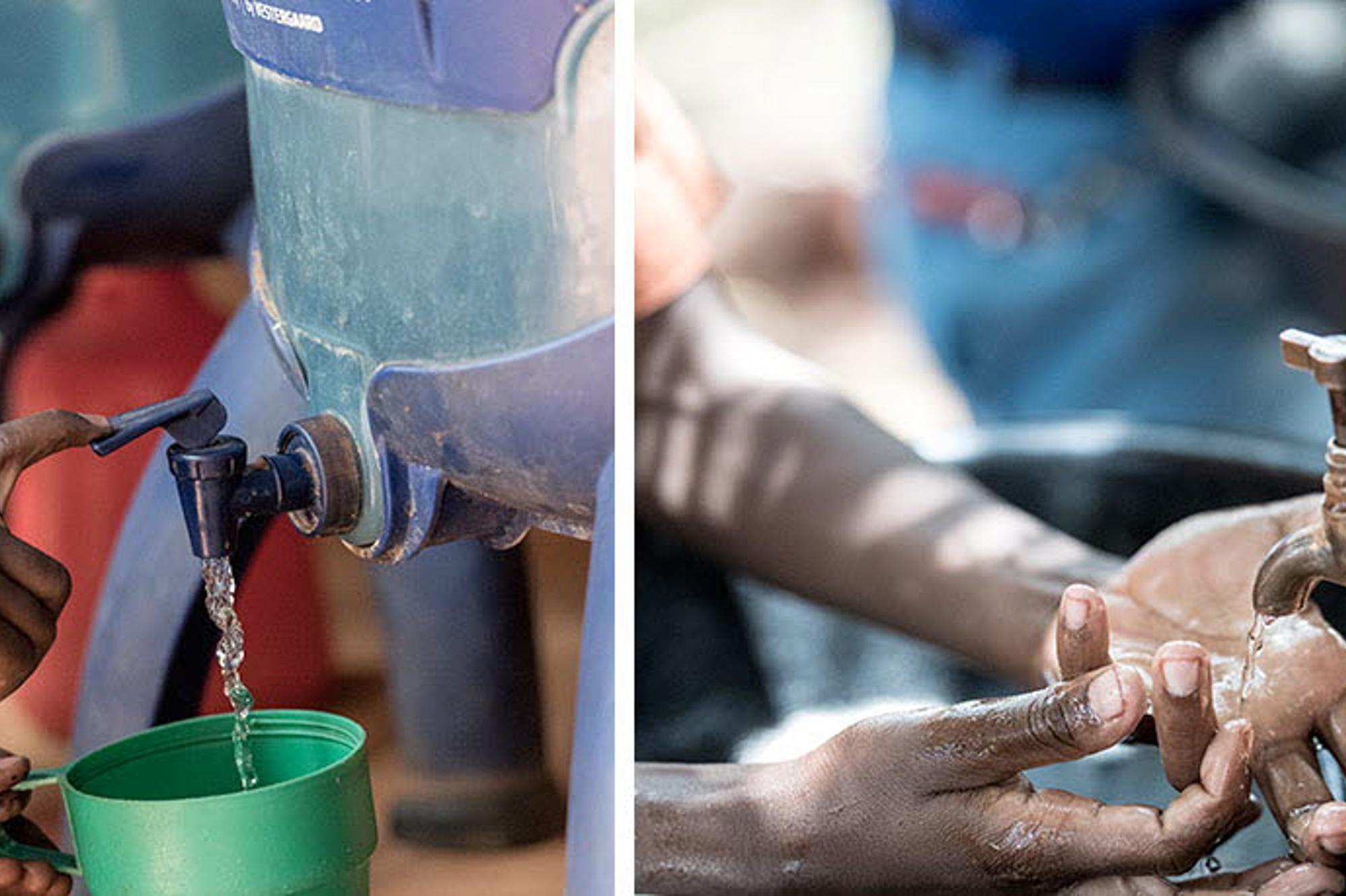 Till vänster: Ett barn som fyller en mugg med vatten. Till höger: Ett barn som tvättar händerna med vatten från en kran.