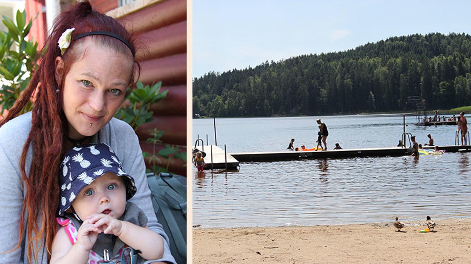 Till vänster: En mamma som håller i sitt barn och tittar in i kameran. Till höger: En badplats med personer som badar vid en brygga.