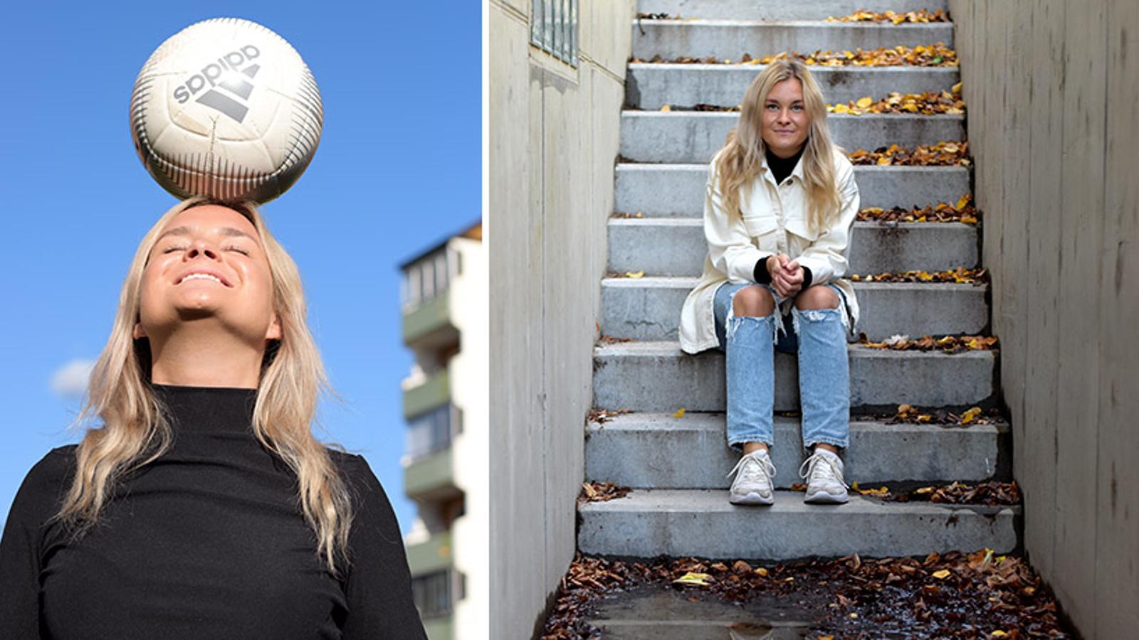 Till vänster: Bild på Julia Adolfsson som balanserar en fotboll på huvudet. Till höger: Bild på Julia Adolfsson som sitter i en trappa utomhus och kollar mot kameran.