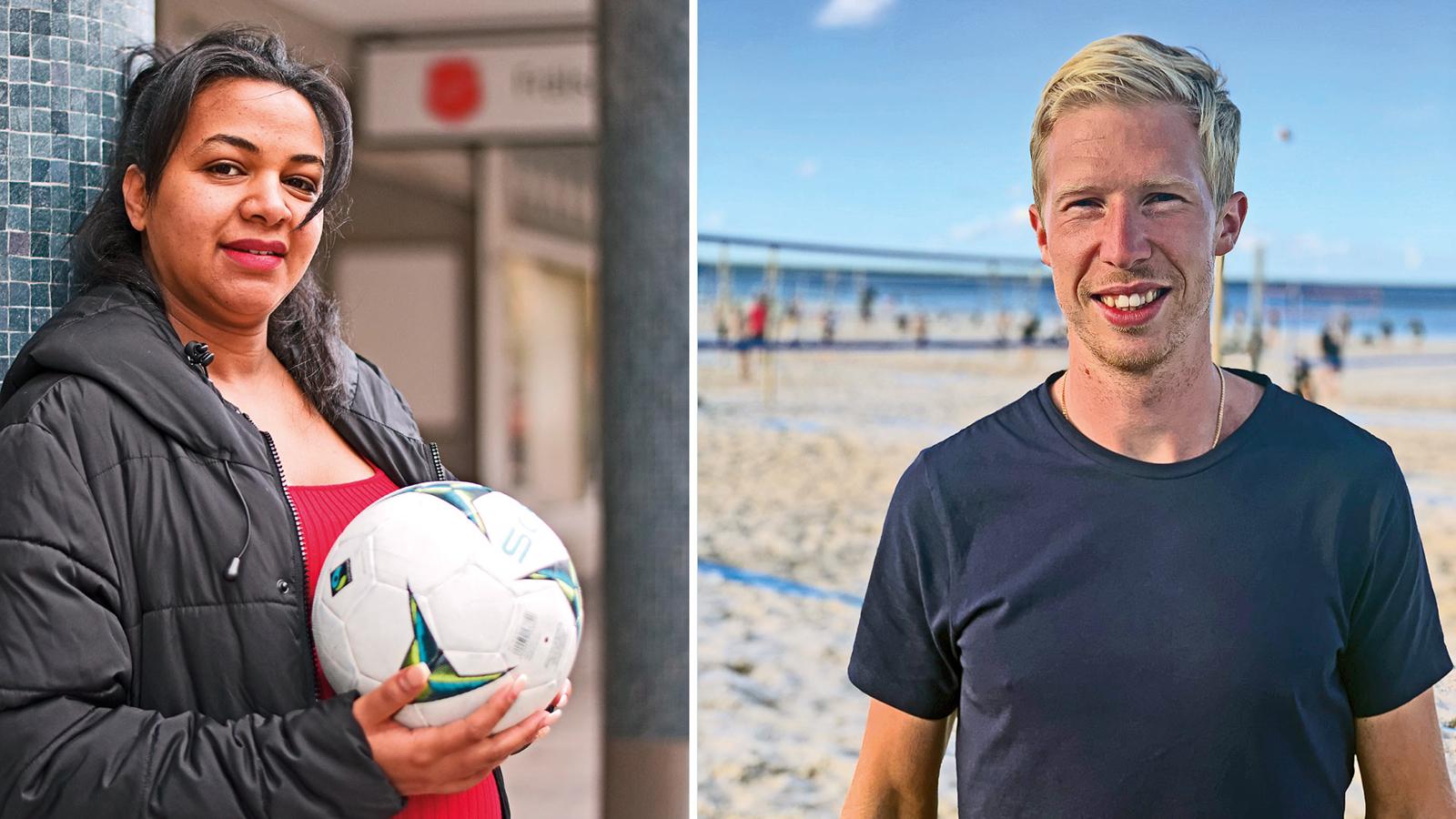 Yohana Teklay står med ryggen mot en vägg och håller en fotboll i händerna. Simon Arvidsson med en strand och hav i bakgrunden.
