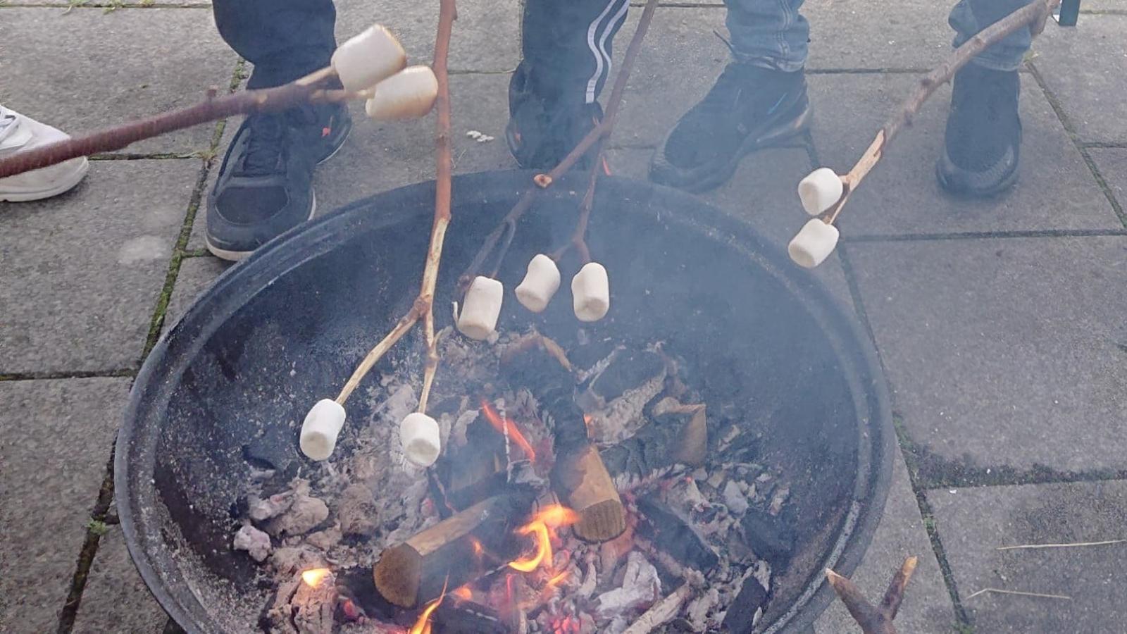 Grillning av marshmallows över ett eldfat