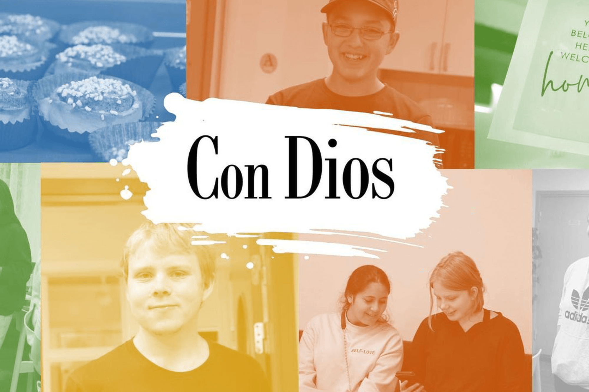Text som säger "Con Dios" med bilder på glada personer och bullar runt om.