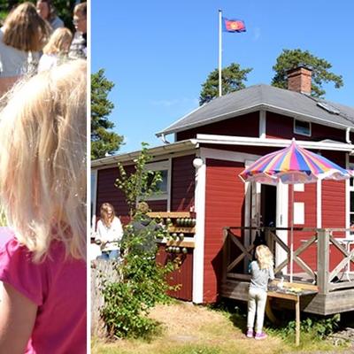 Till vänster: Ett barn med ryggtavlan mot kameran som håller i ett papper. Till höger: Sommargården i Kristinehamn.