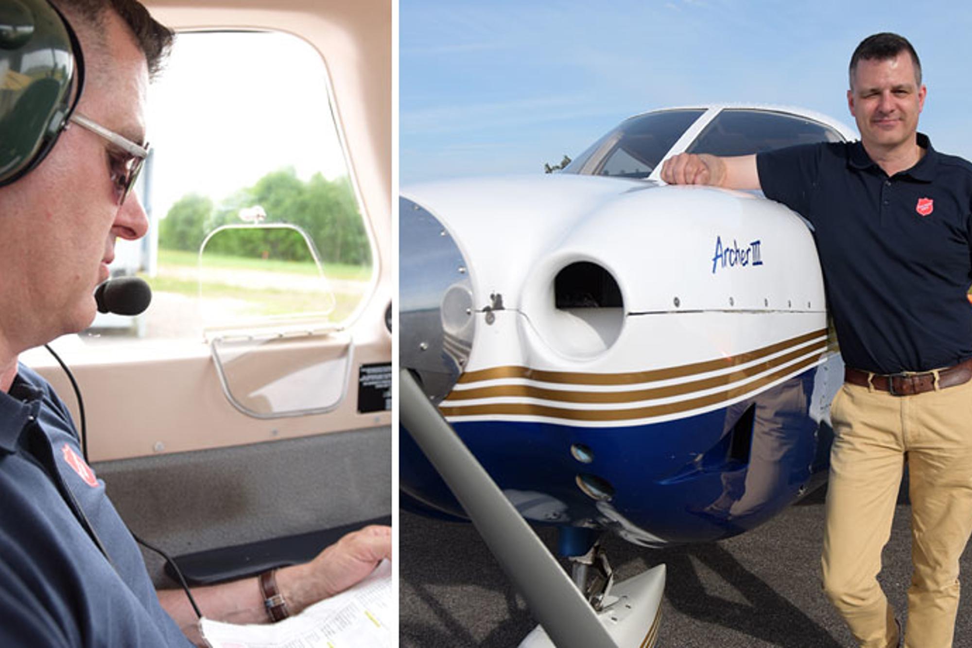 Till vänster: Petter Ljungholm som sitter i ett propellerplan med headset på huvudet. Till höger: Petter som vilar ena armen på ett litet enmotorigt propellerplan och tittar in i kameran.