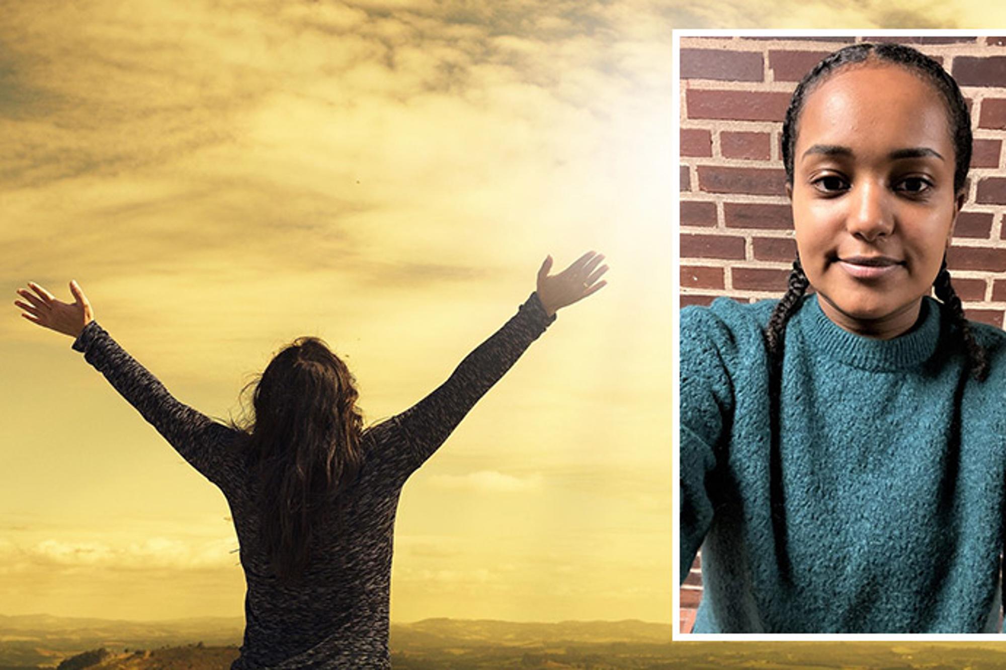Till vänster: Ryggtavlan på en kvinna som sträcker arma upp i luften mot himlen. Till höger: Porträttbild av Fiore Gebregergi.